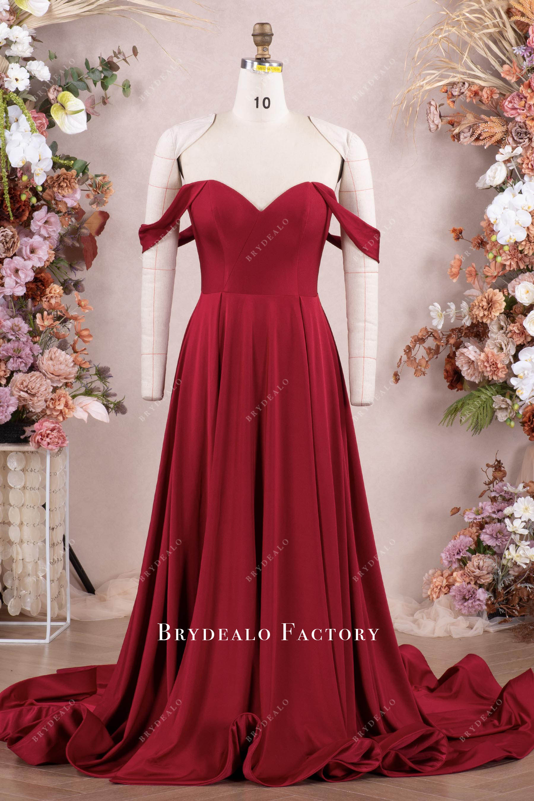 off-shoulder jersey A-line bridesmaid dress