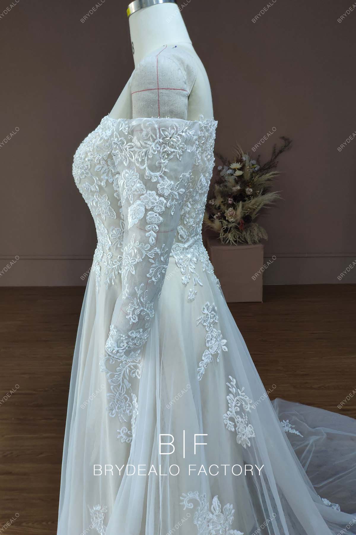 Sheer Long Sleeve Designer Lace Destination Wedding Dress