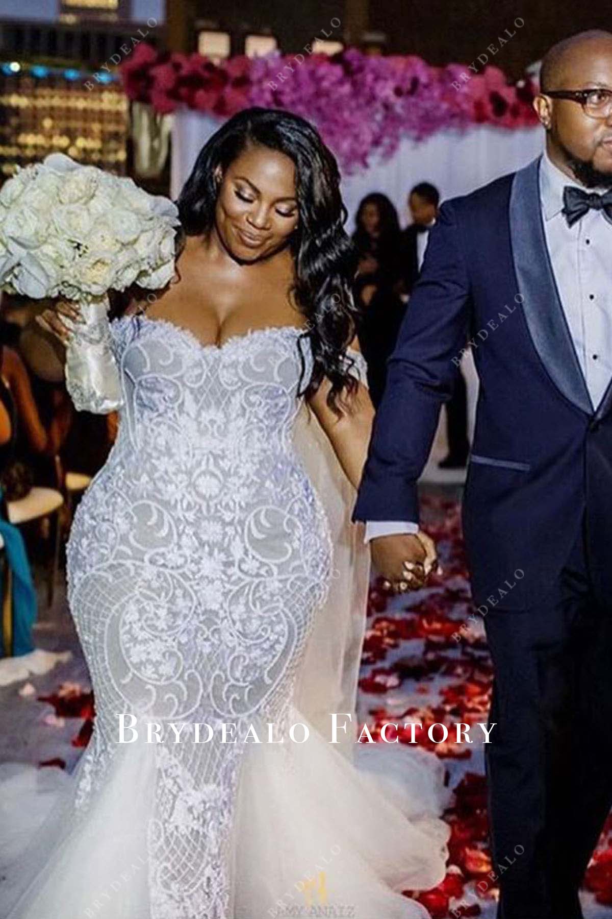 off shoulder lace plus size wedding dress