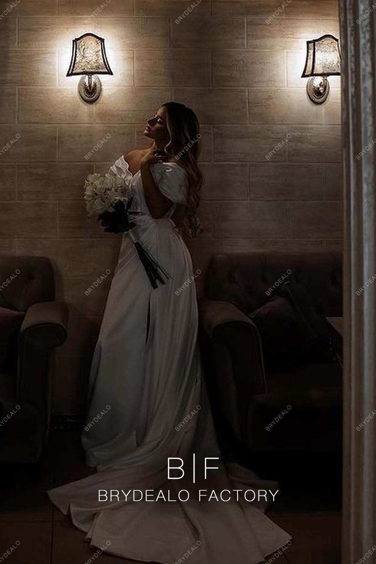 Off-Shoulder Satin Slit A-line Fall Long Wedding Dress