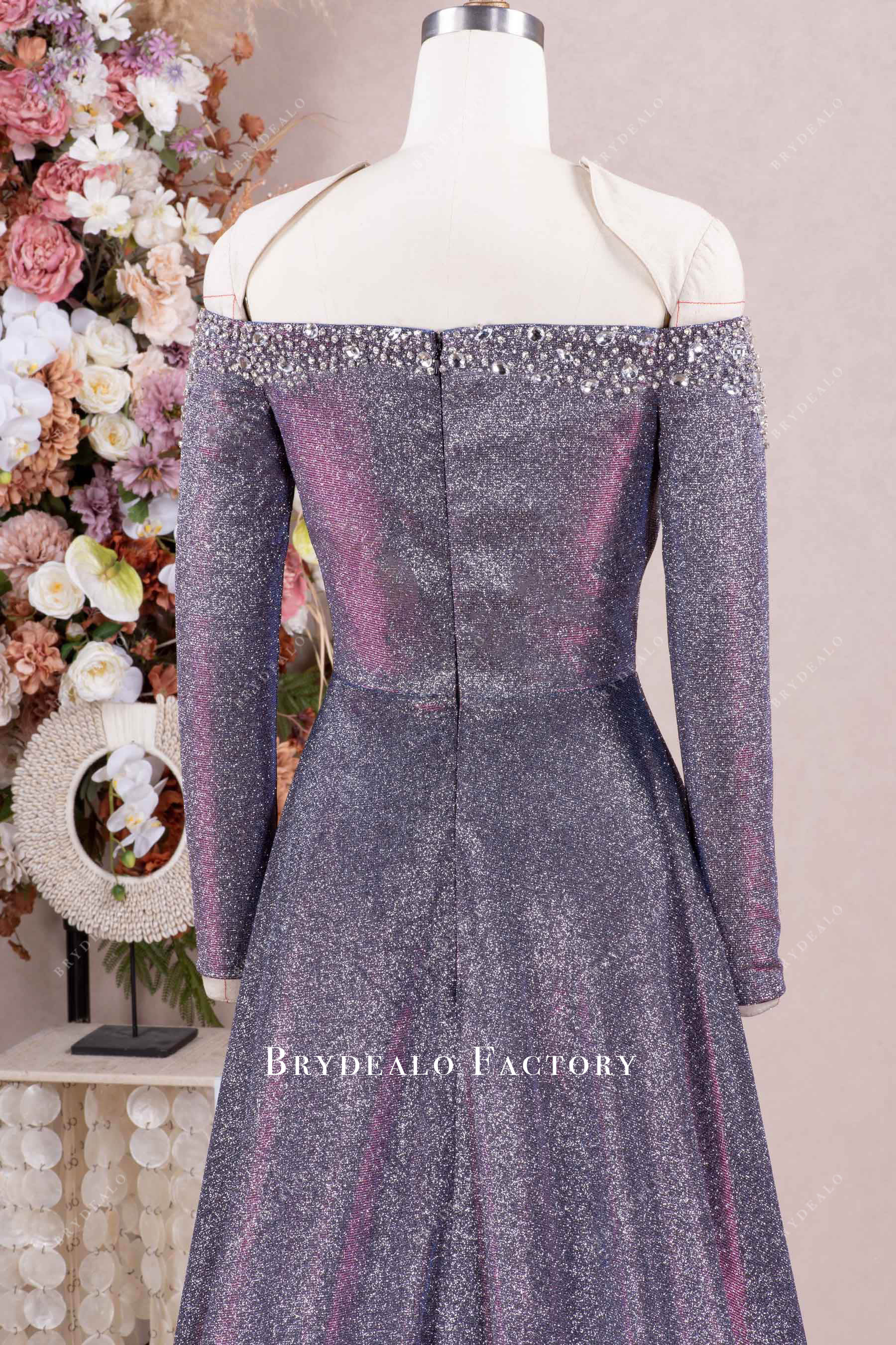 off shoulder long sleeve formal dress