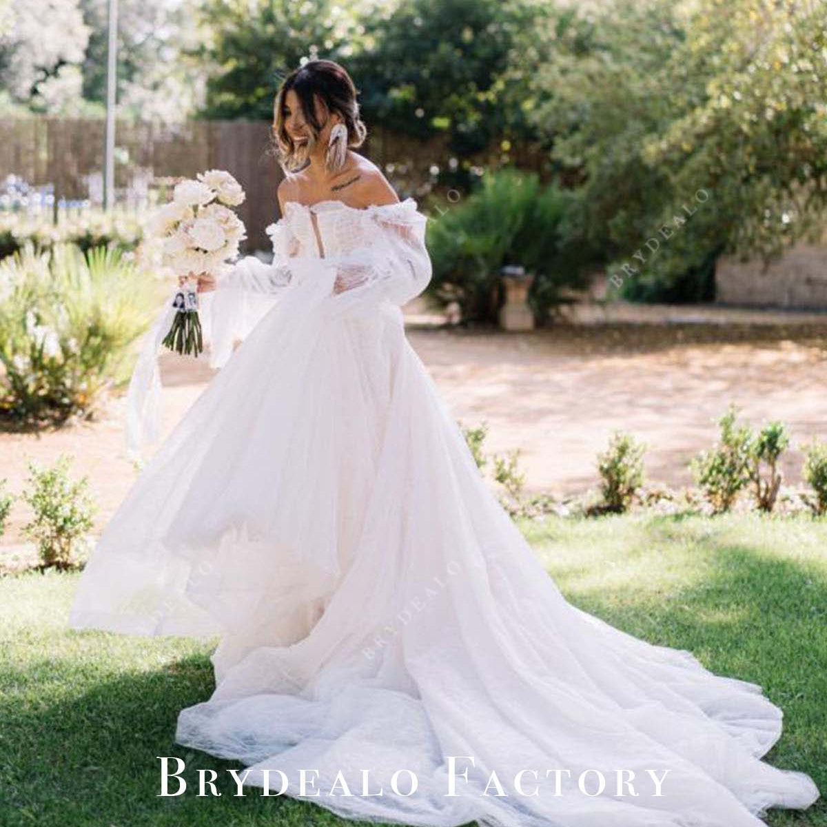 off the shoulder wedding dress long train Off Shoulder Sheer Sleeves Long Train Wedding Dress