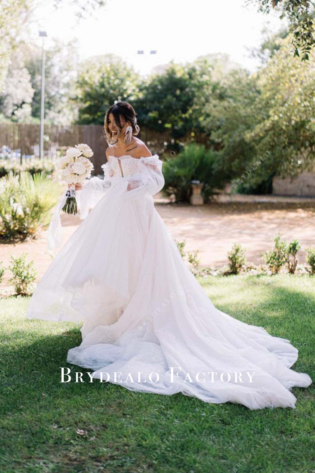 off shoulder long train wedding dress