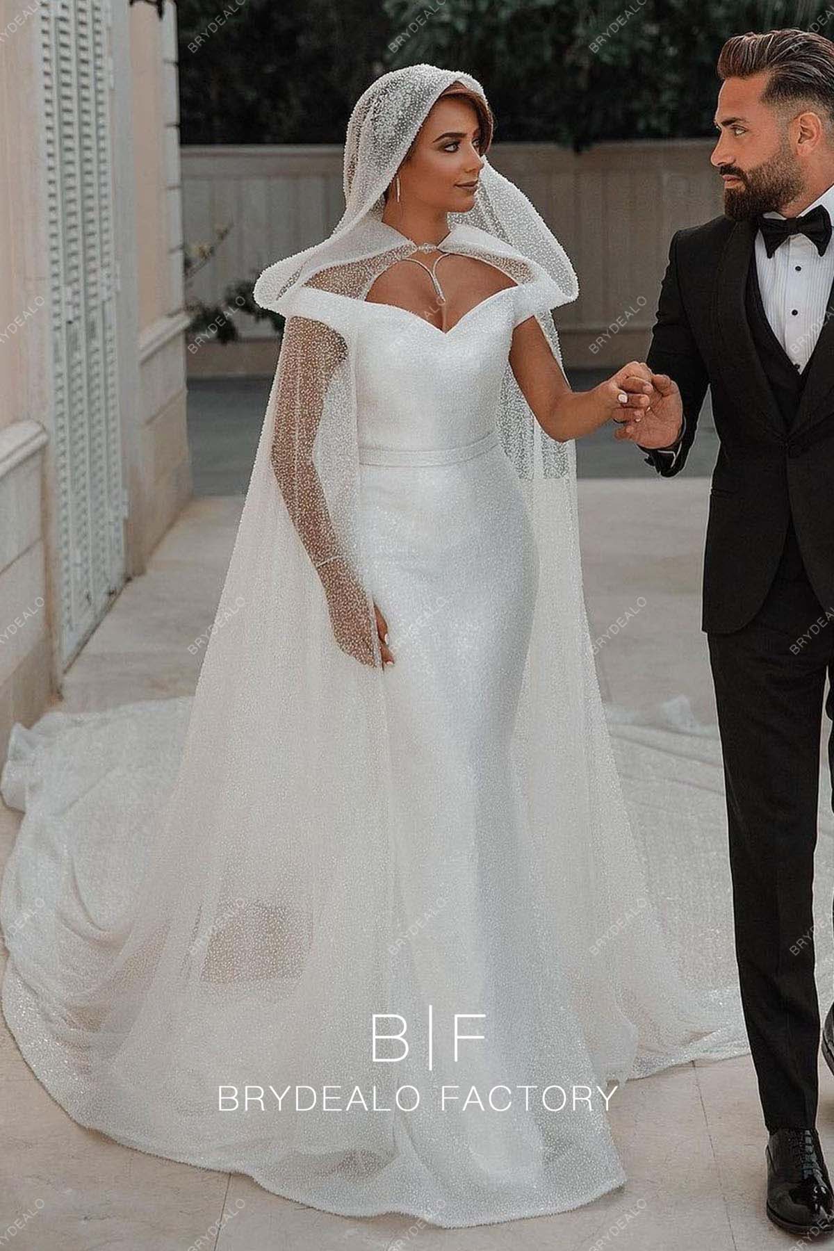 Allover Beading Sequins Off Shoulder Bridal Dress with Cloak