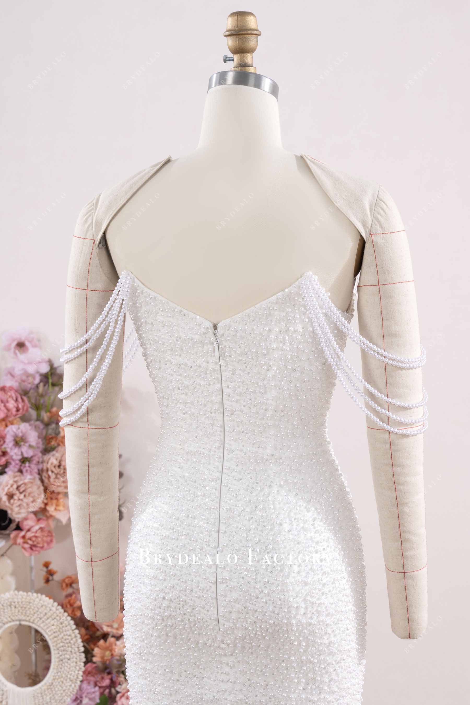 off shoulder pearl prom gown