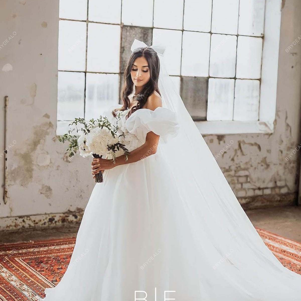 organza bridal dress Pretty Ivory Organza Off Shoulder Ball Gown Designer Wedding Dress, White