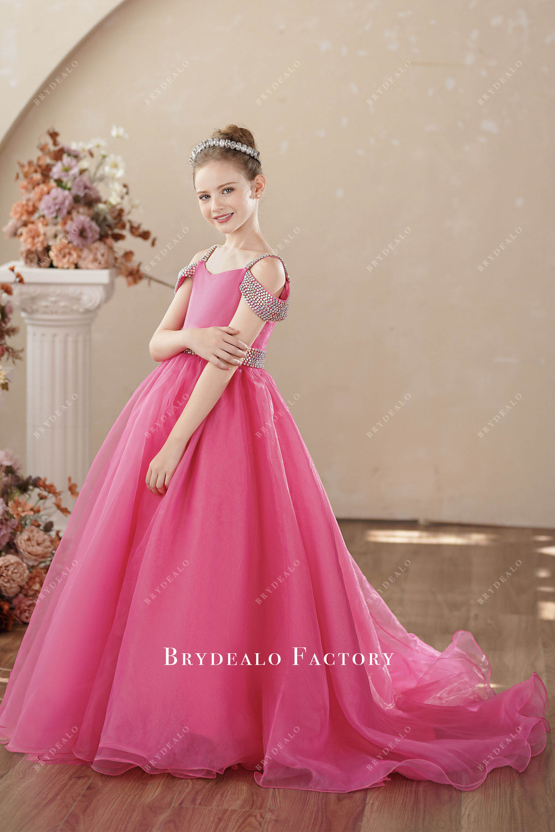 off shoulder rhinestone organza kids ball gown