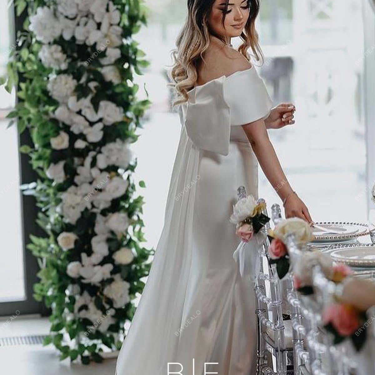 plus size off the shoulder mermaid dress Plus Size Off Shoulder Elegant Satin Mermaid Big Bow Bridal Dress
