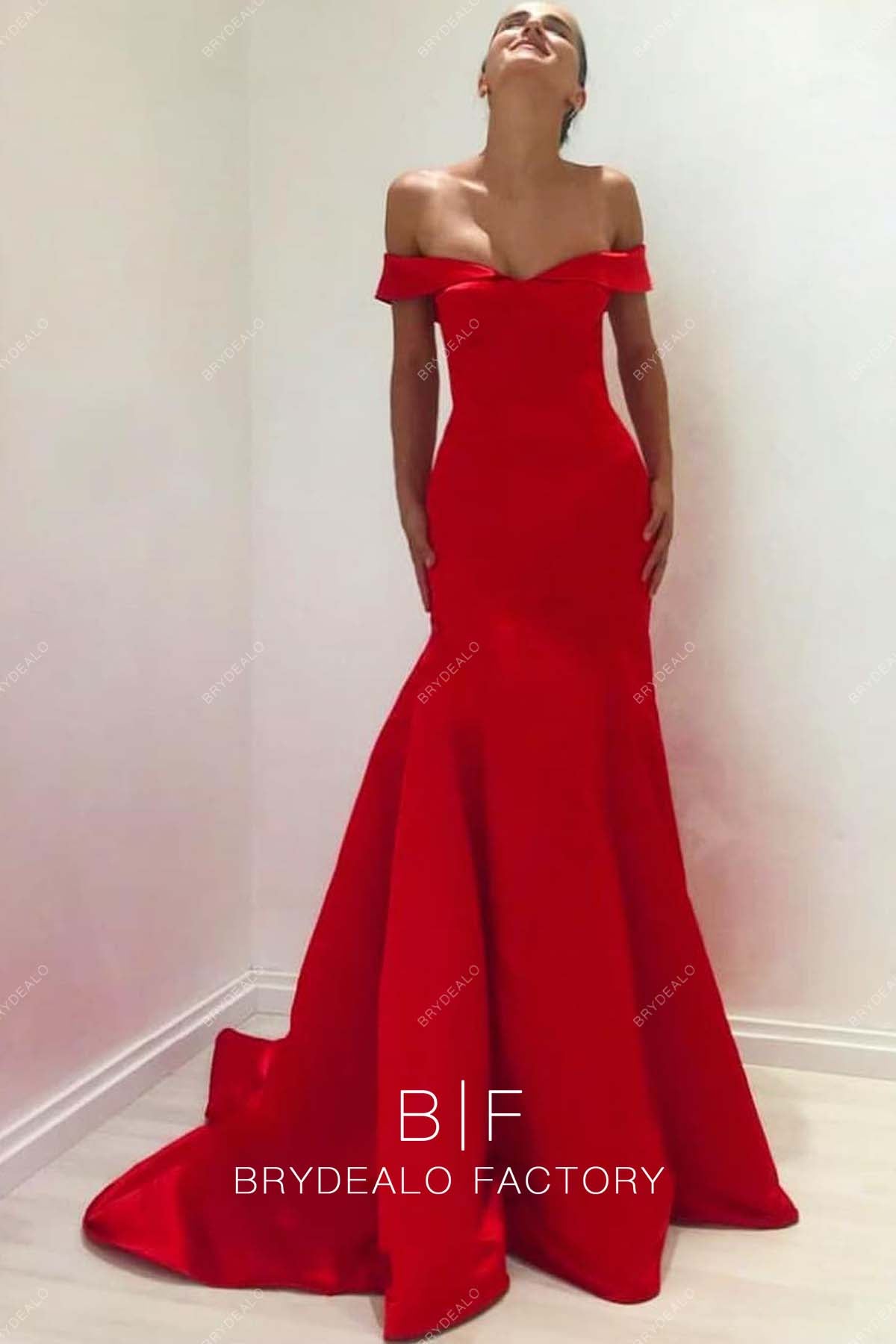 off the shoulder trumpet long train prom formal gown