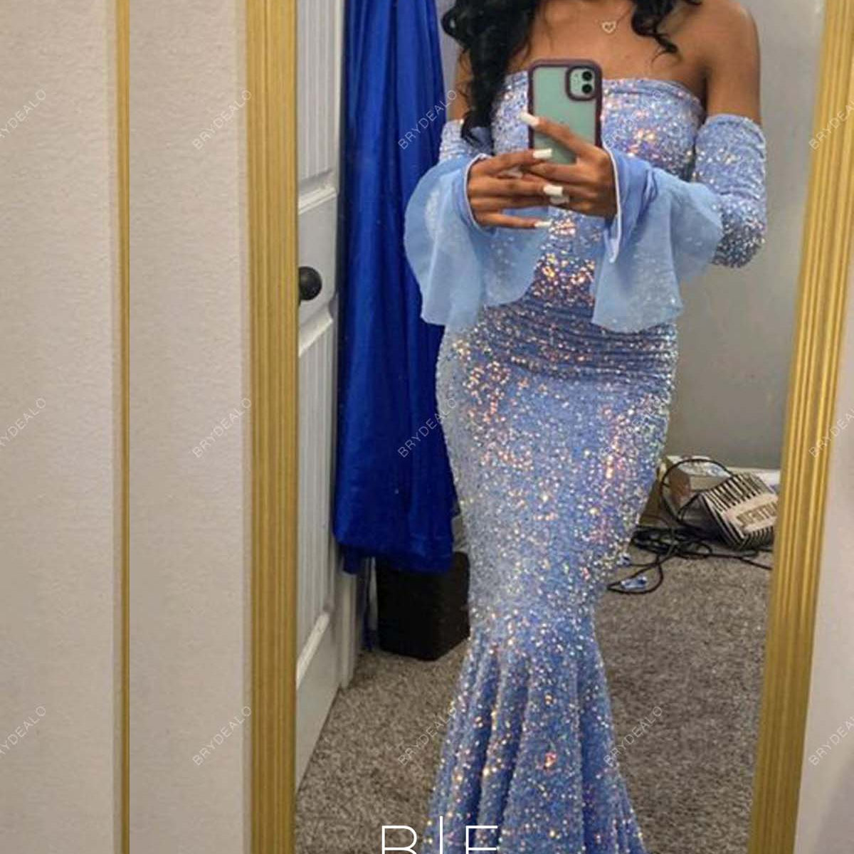 Iridescent Sky Blue Sequin Off Shoulder Long Sleeve Mermaid Prom Dress Iridescent Sky Blue Sequin Off Shoulder Long Sleeve Mermaid Prom Dress