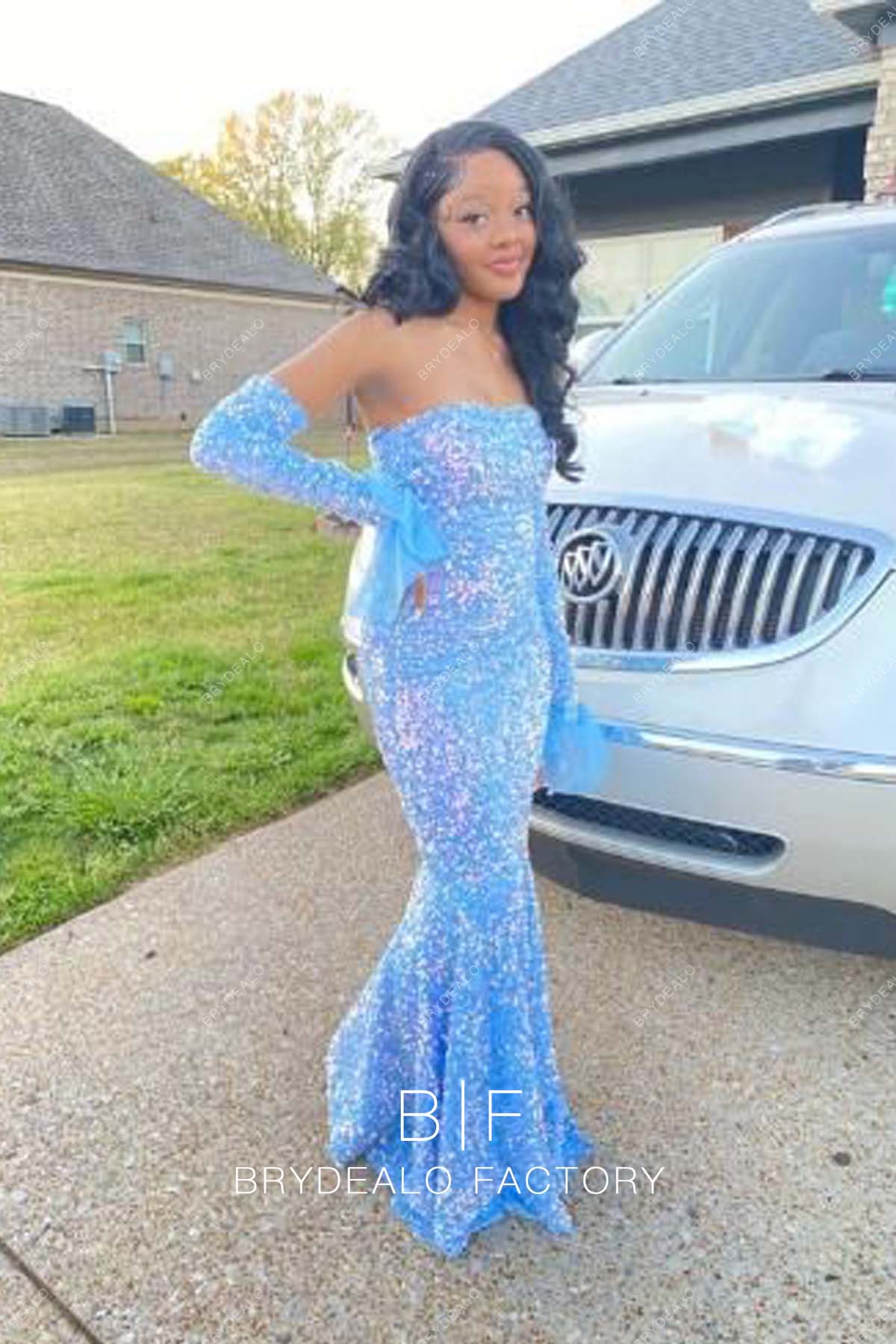 Iridescent Sky Blue Sequin Off Shoulder Long Sleeve Mermaid Prom Dress