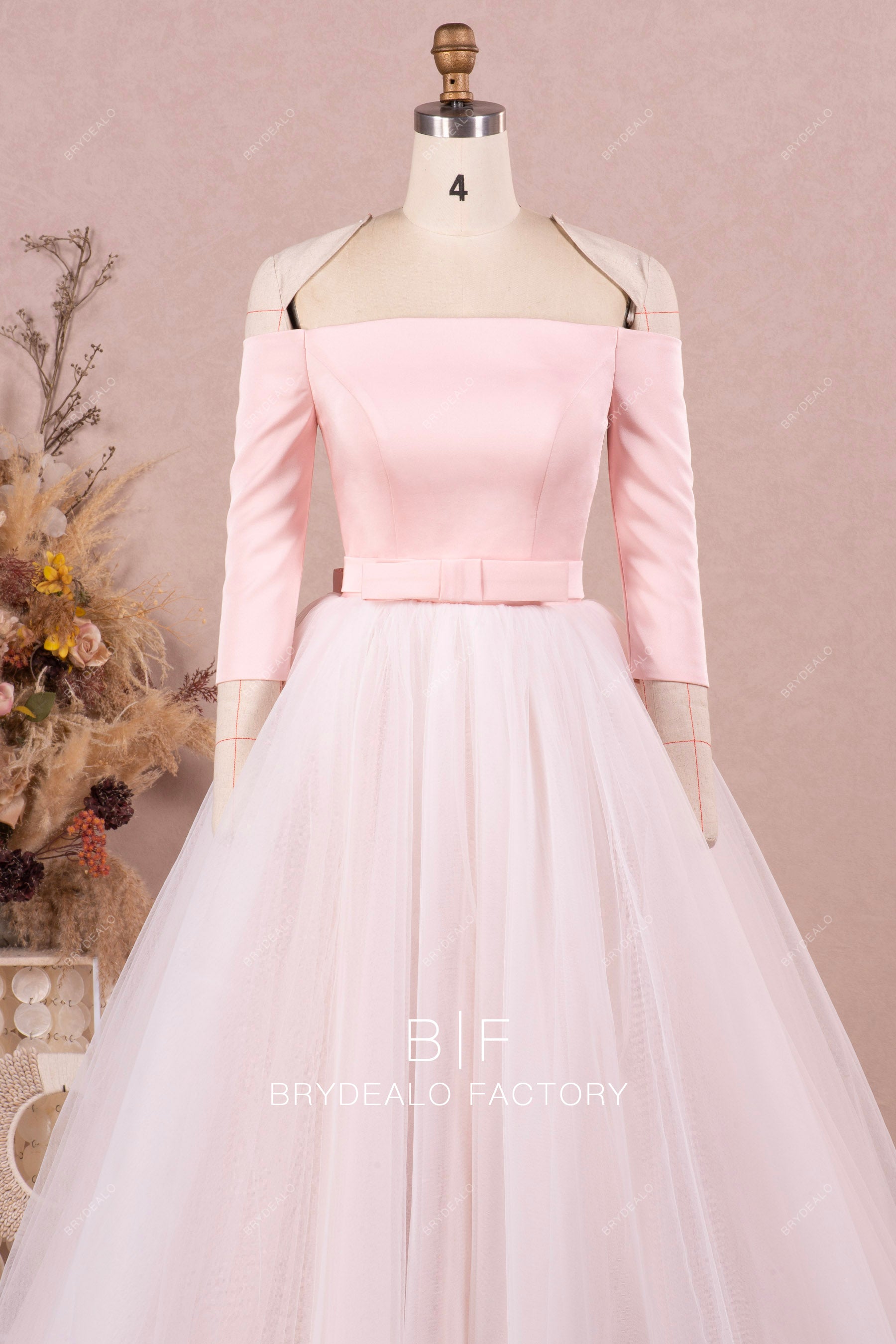 off shoulder long sleeve satin pink wedding dress