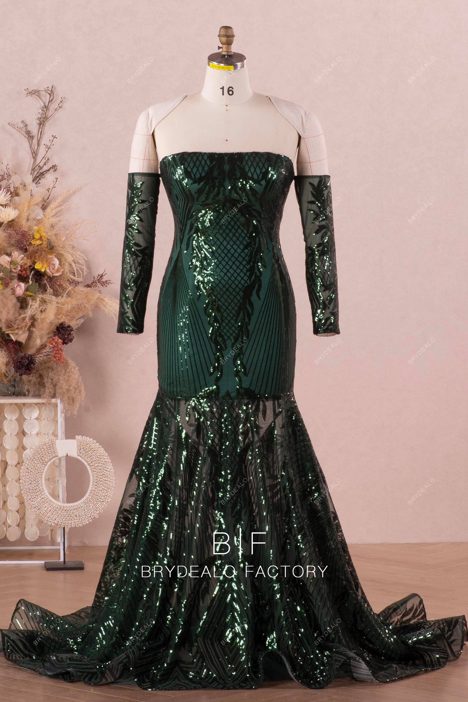 Dark Green Detachable Sleeve Sparkly Prom Dress