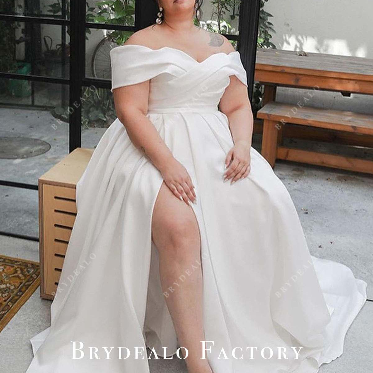 White Satin Off Shoulder Slit Plus Size Wedding Dress White Satin Off Shoulder Slit Plus Size Wedding Dress