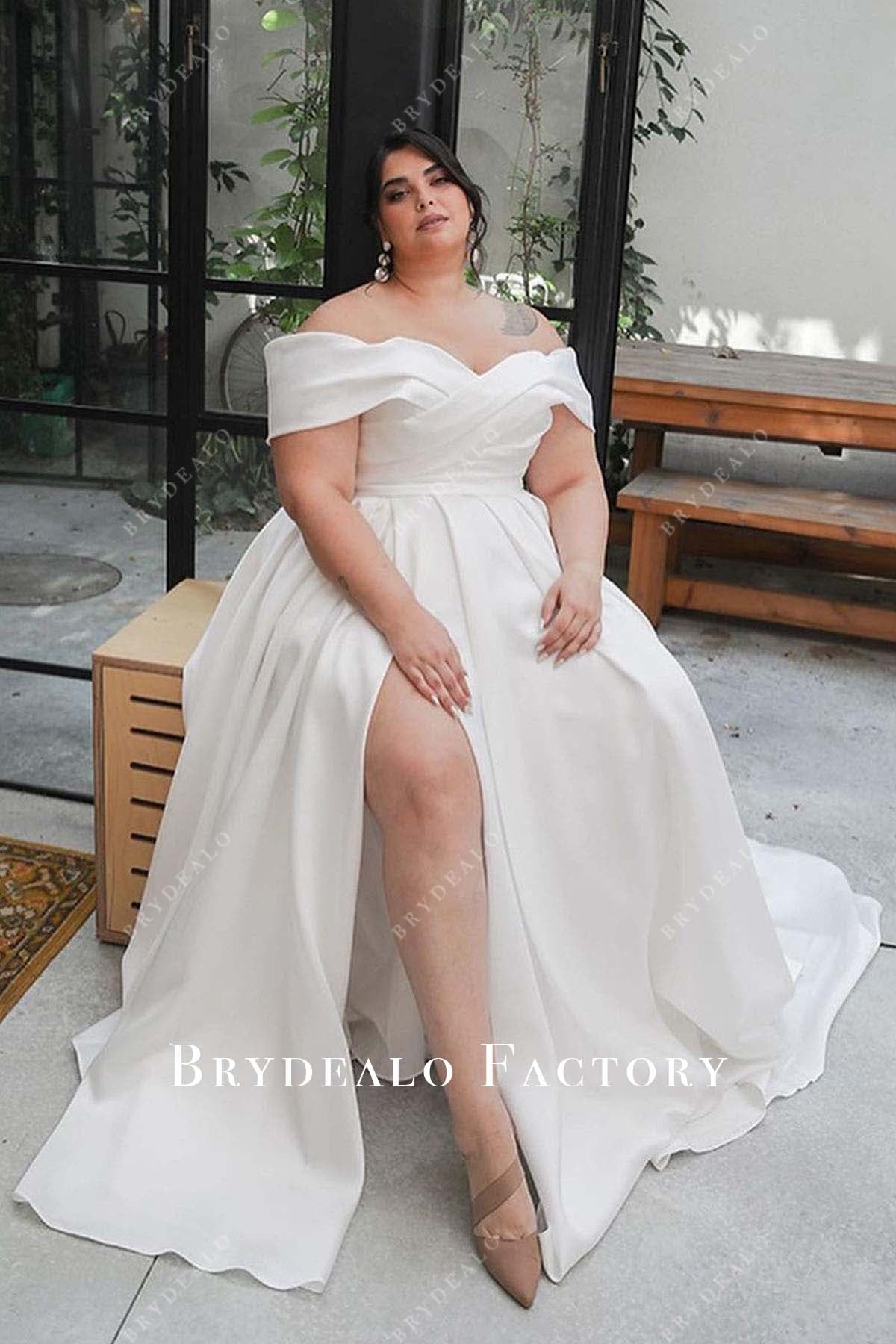 off shoulder slit wedding ballgown