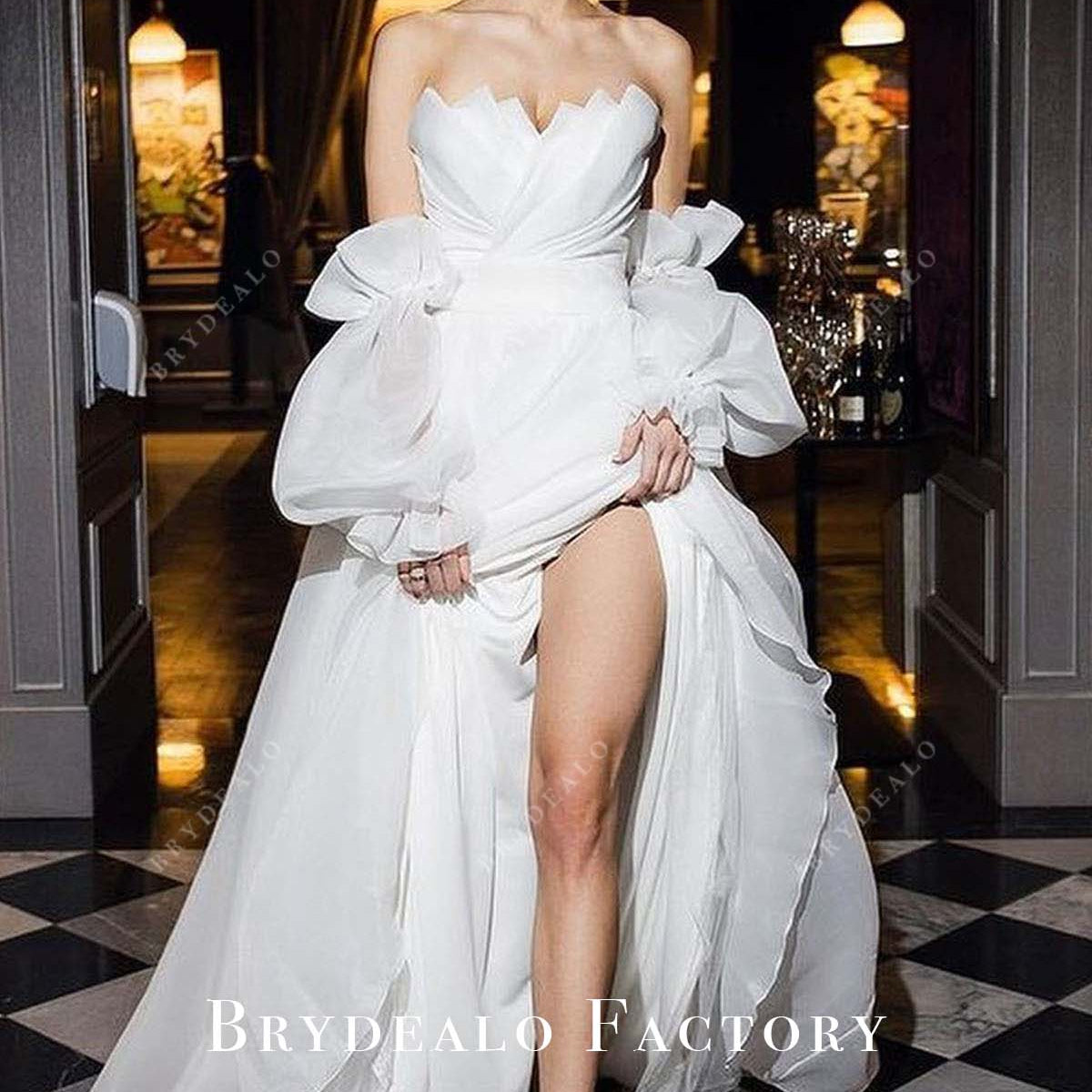 White Organza Off Shoulder Slit A-line Wedding Dress, Black