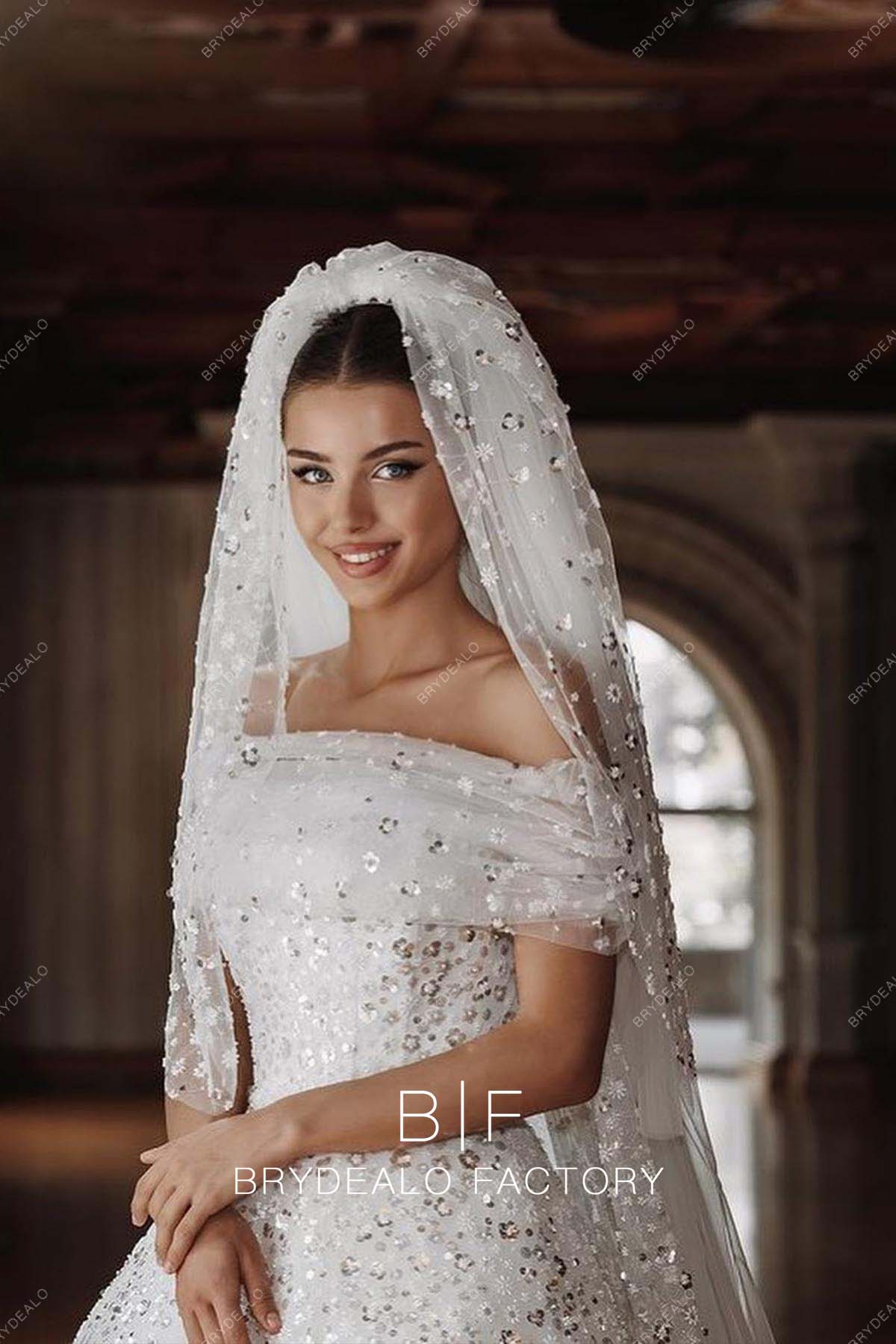 Straight Across Neck Off Shoulder Sparkly Custom Wedding dress
