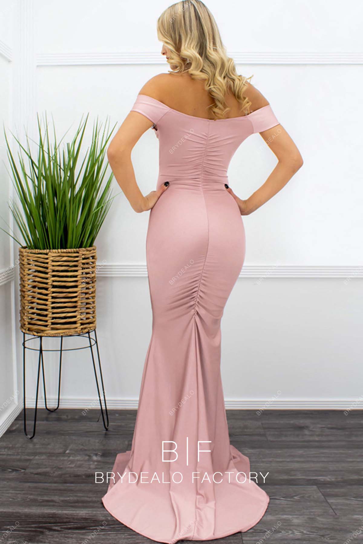off shoulder sweep train bridesmaid gown