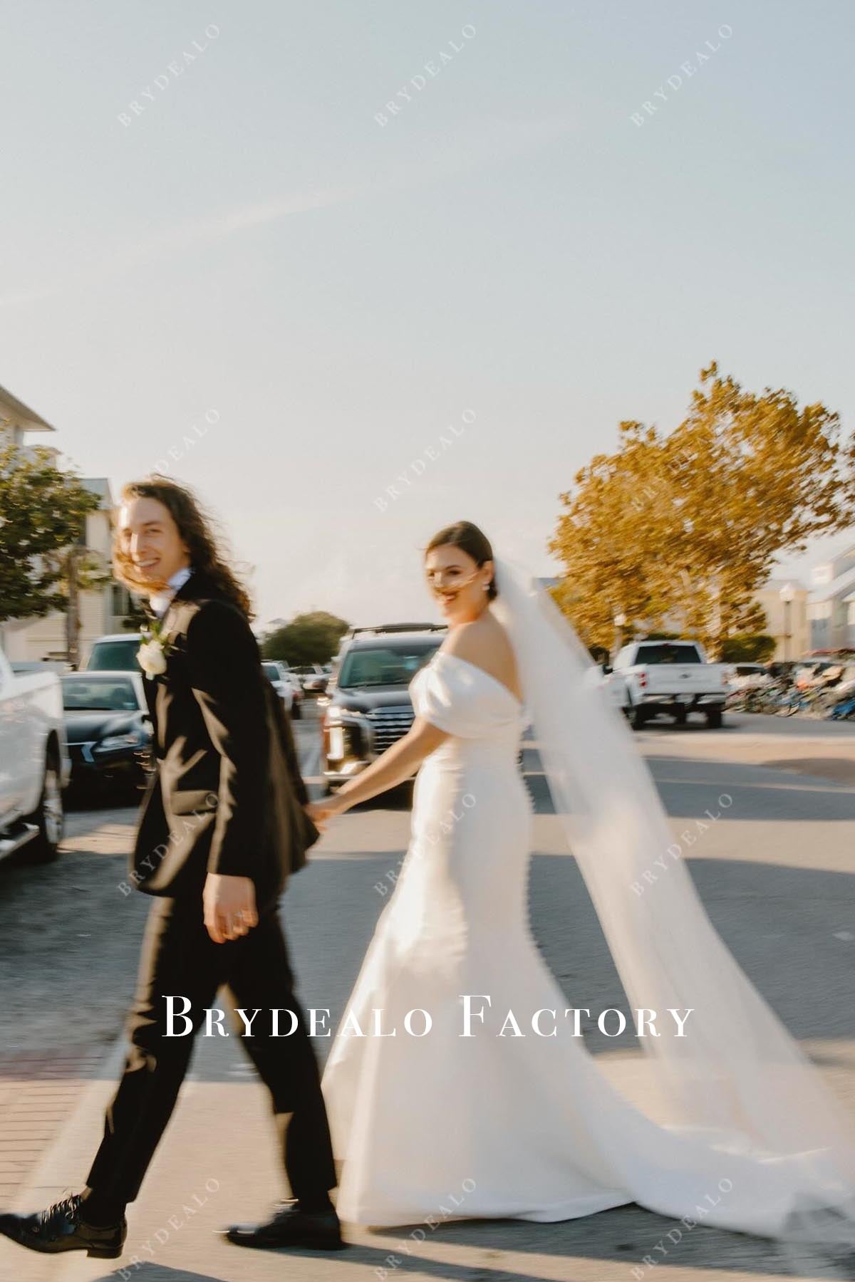 off shoulder v back wedding dress