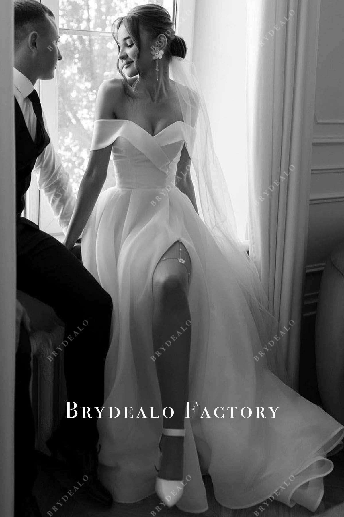 off shoulder v neck bridal dress