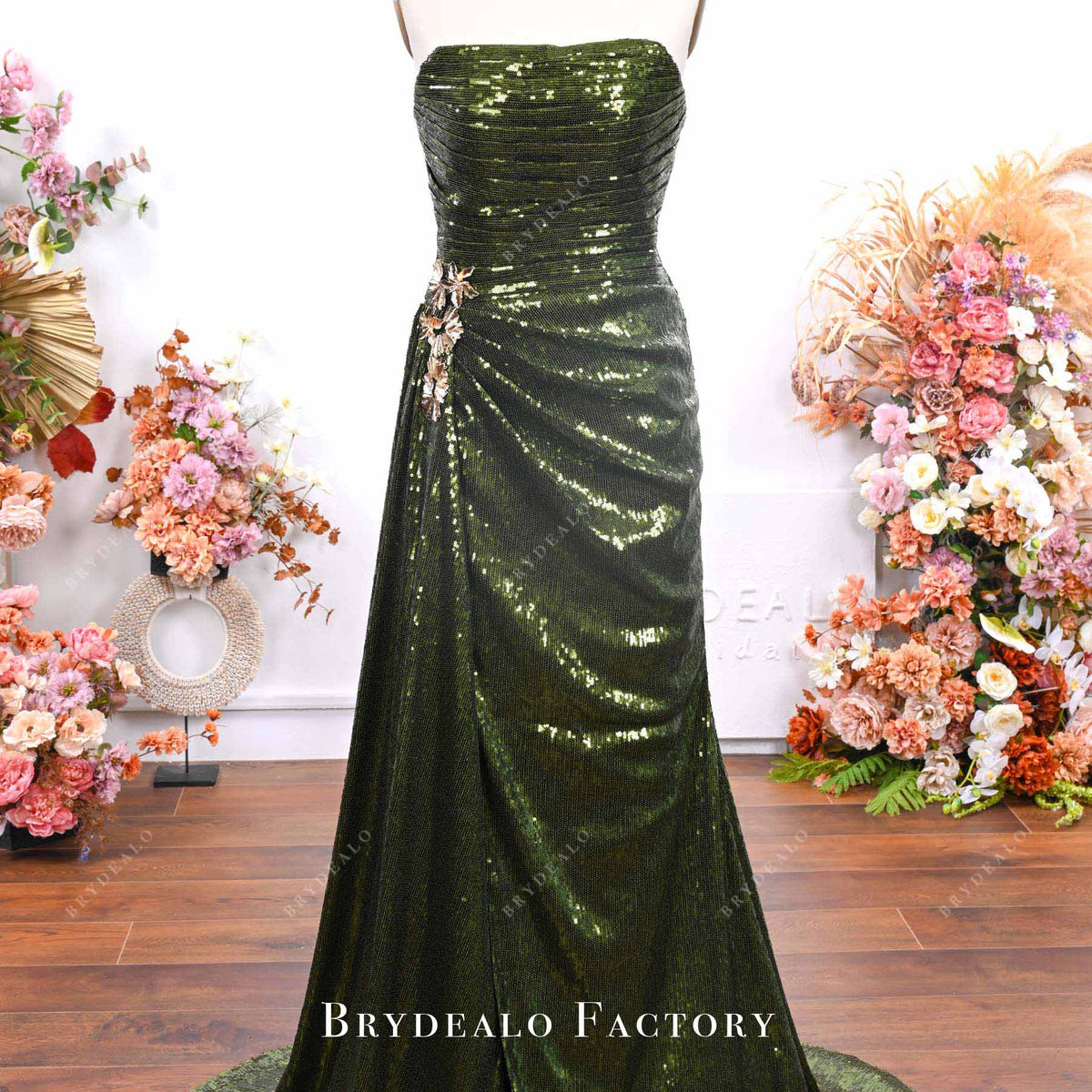 Olive Green Sequin Strapless High Split Long Prom Dress