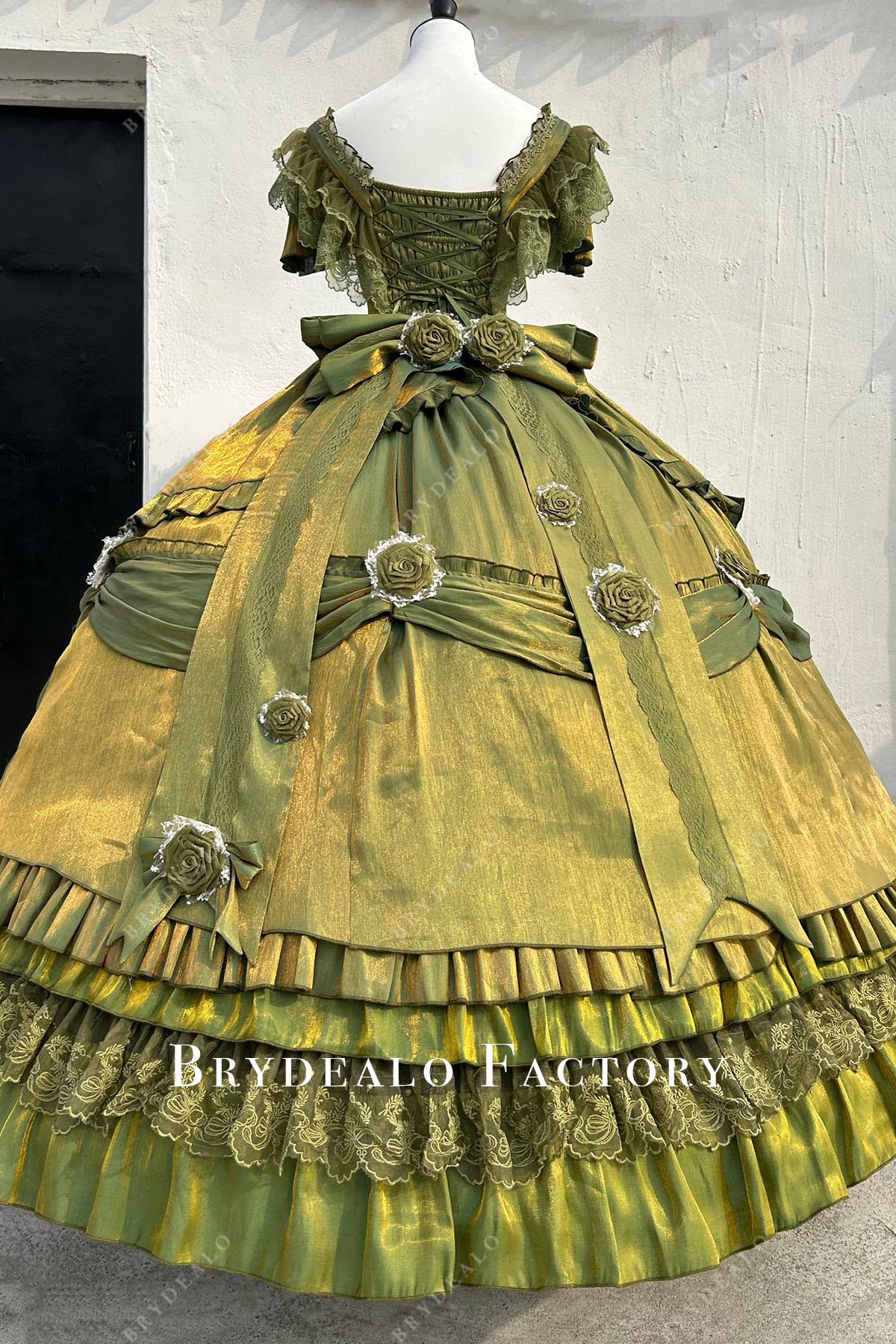 olive green lace up back puffy lolita dress