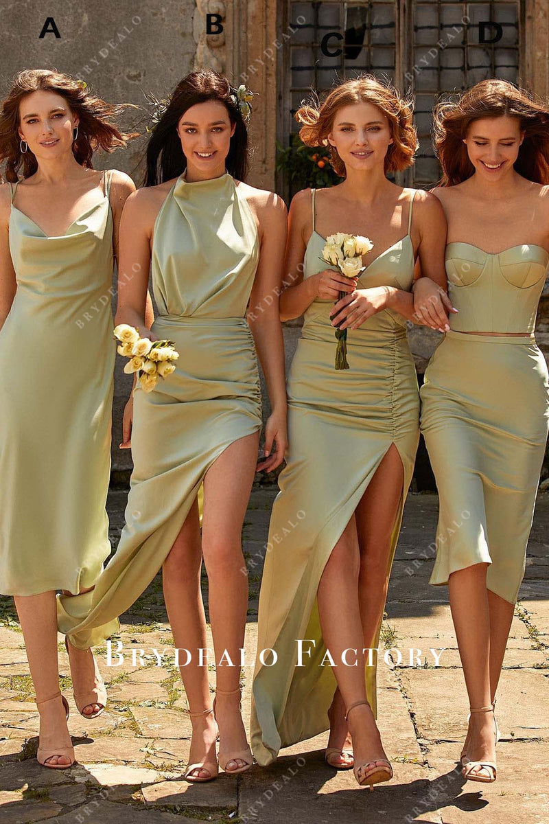 Olive Green Sleeveless Satin Mismatched Bridesmaid Dresses