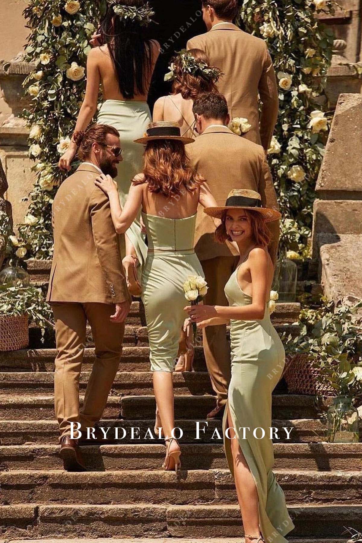 olive green open back mismatched bridesmaid dresses