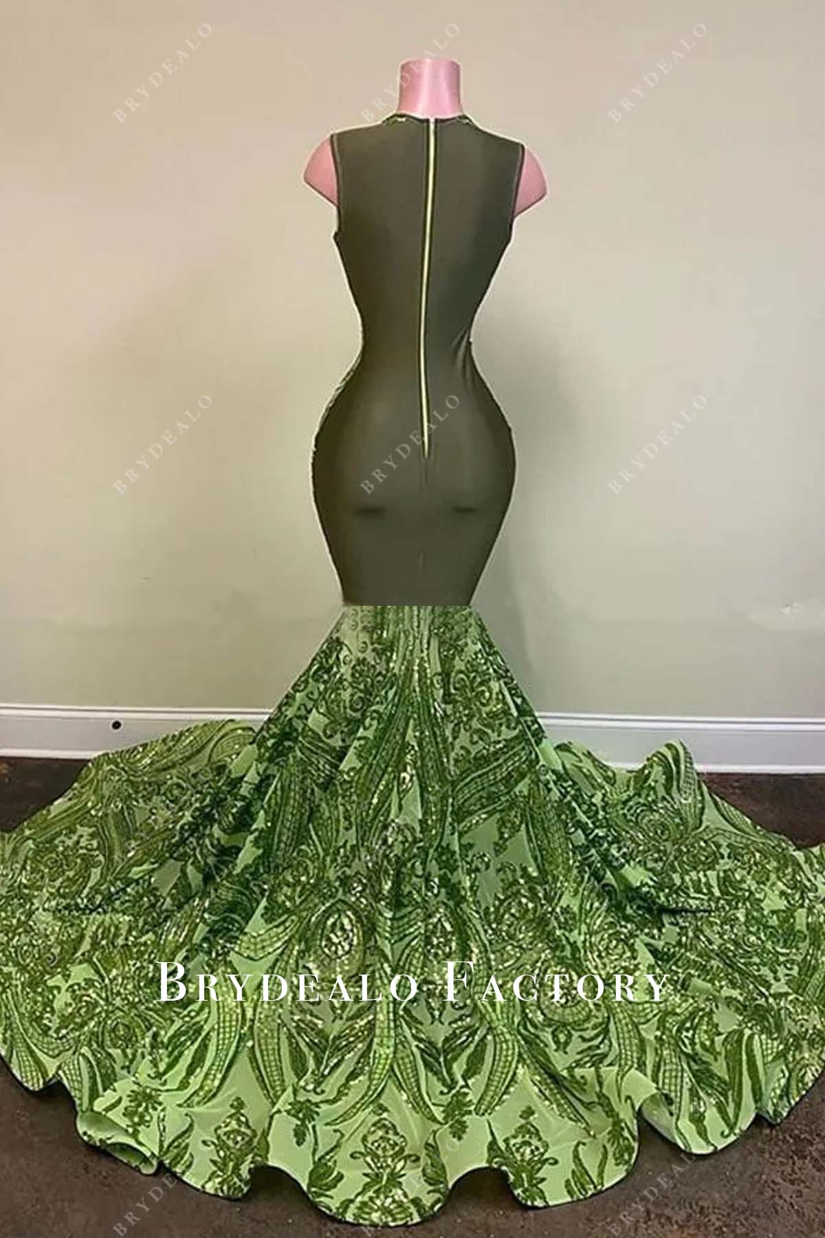 olive green jersey sleeveless trumpet prom gown
