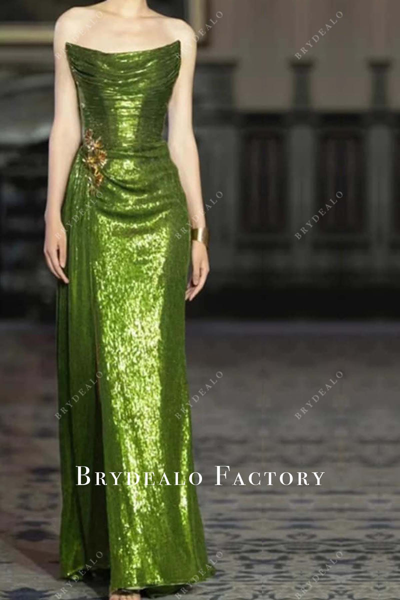 Elegant Beading Evening Dress Women Green Sequin Party Strap Maxi Dress Long Prom Dress