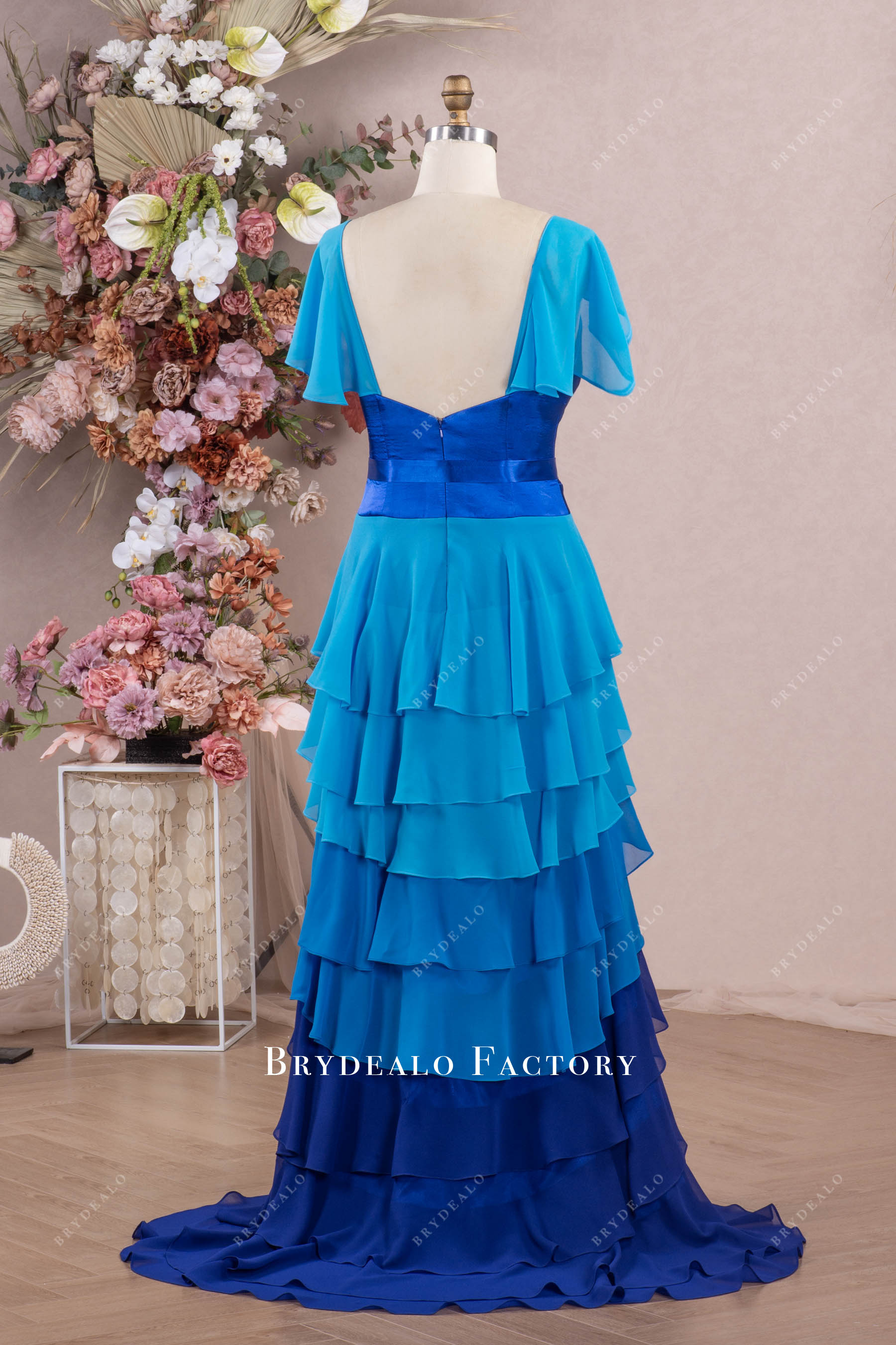 ombre royal blue open back tiered formal dress