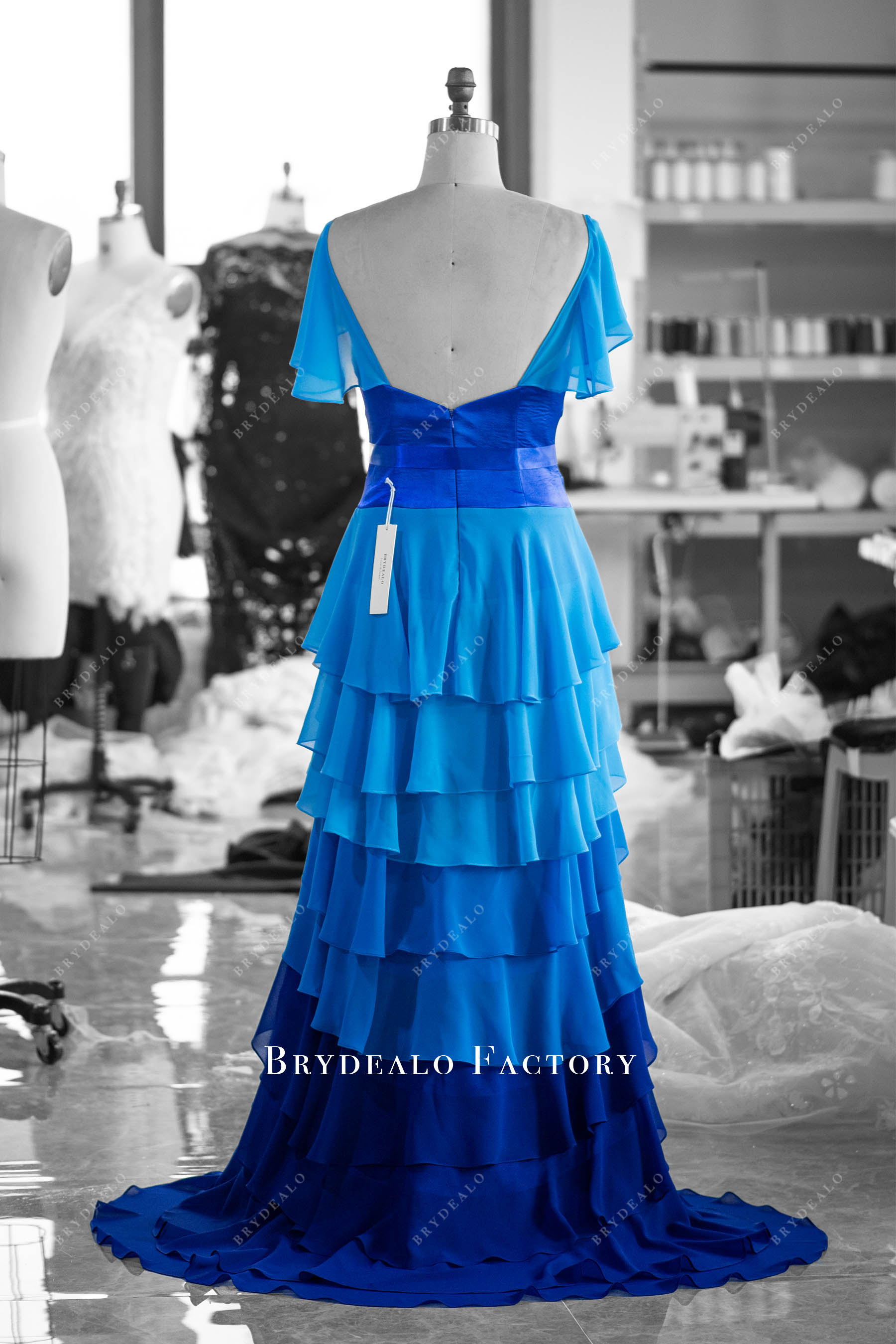 hand-made ombre royal blue tiered prom dress