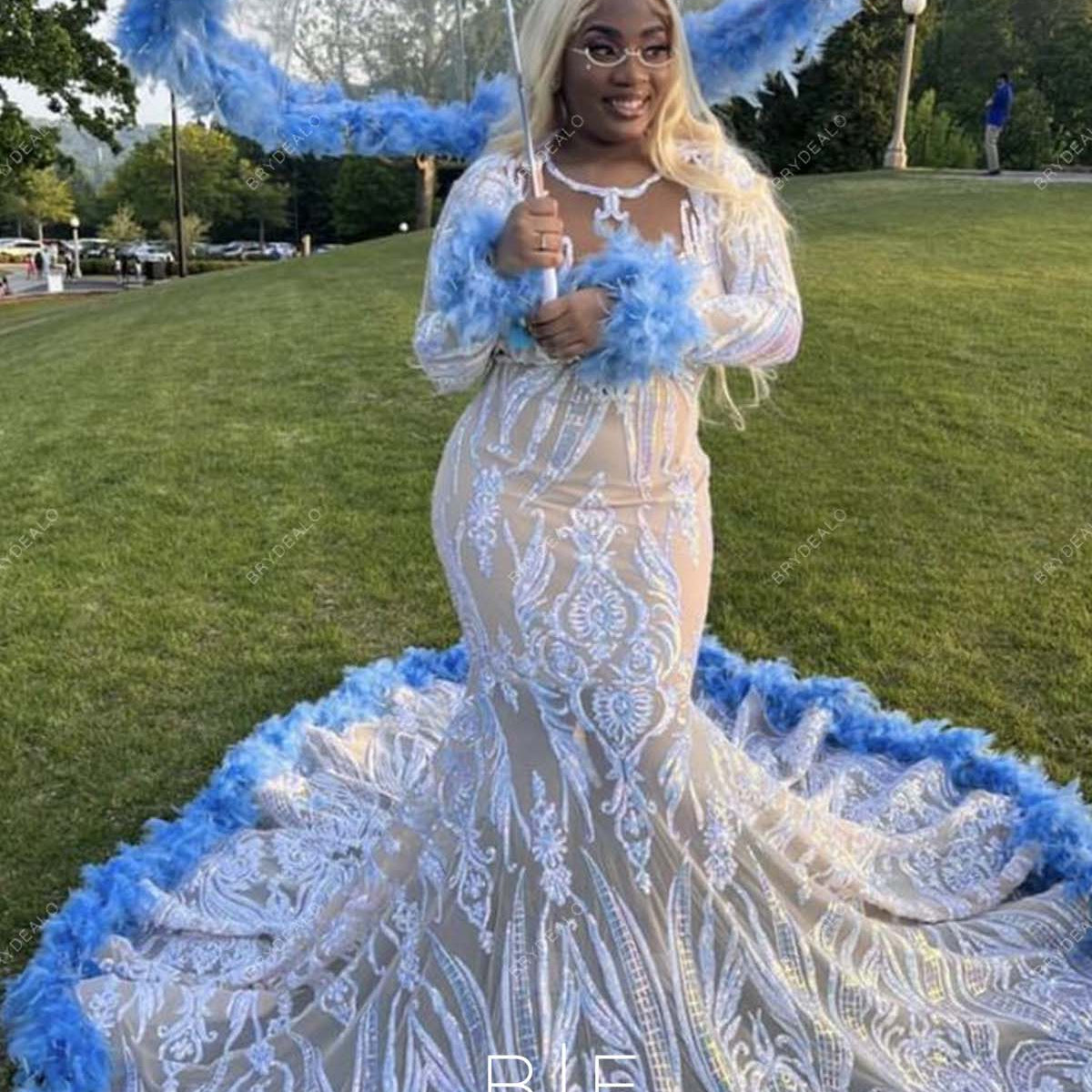 Blue Turkey Feather Long Train Mermaid Iridescent Sequin Prom Dress