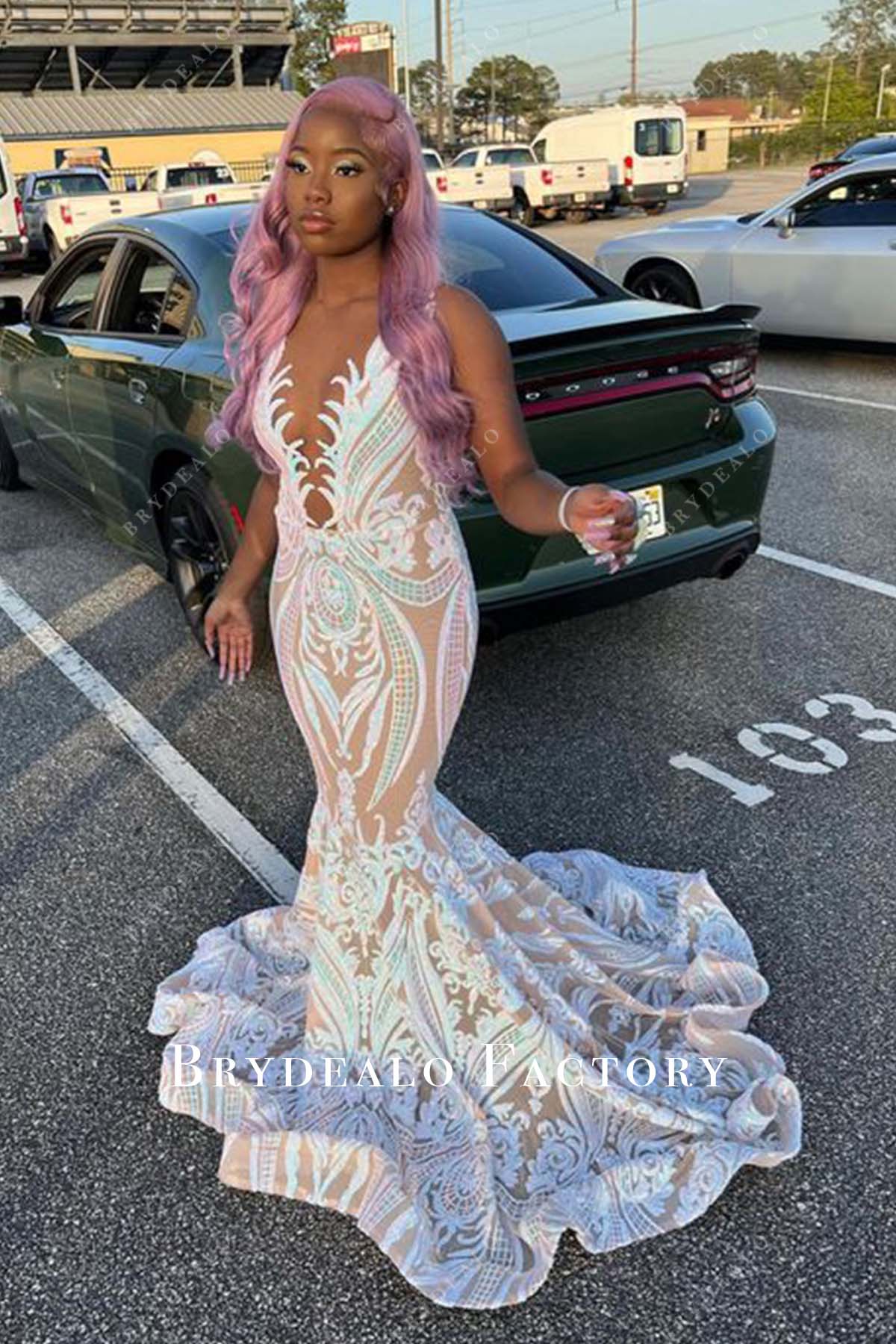 Iridescent Sequin Plunging Neck Mermaid Horsehair Prom Dress
