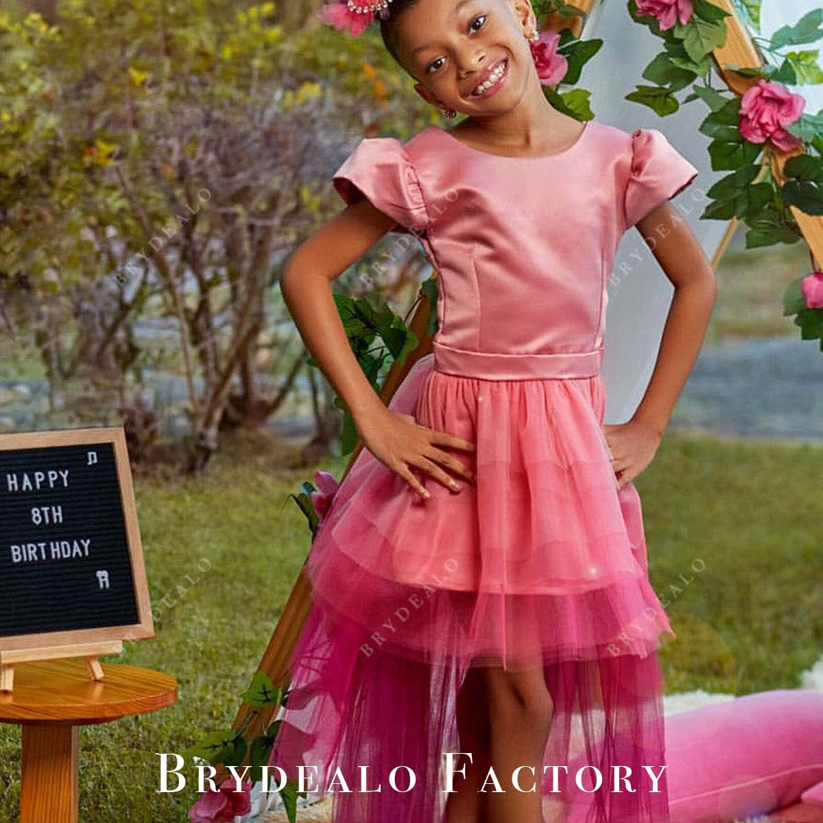 Ombre Pink Satin Tulle High-Low Little Girl Birthday Dress