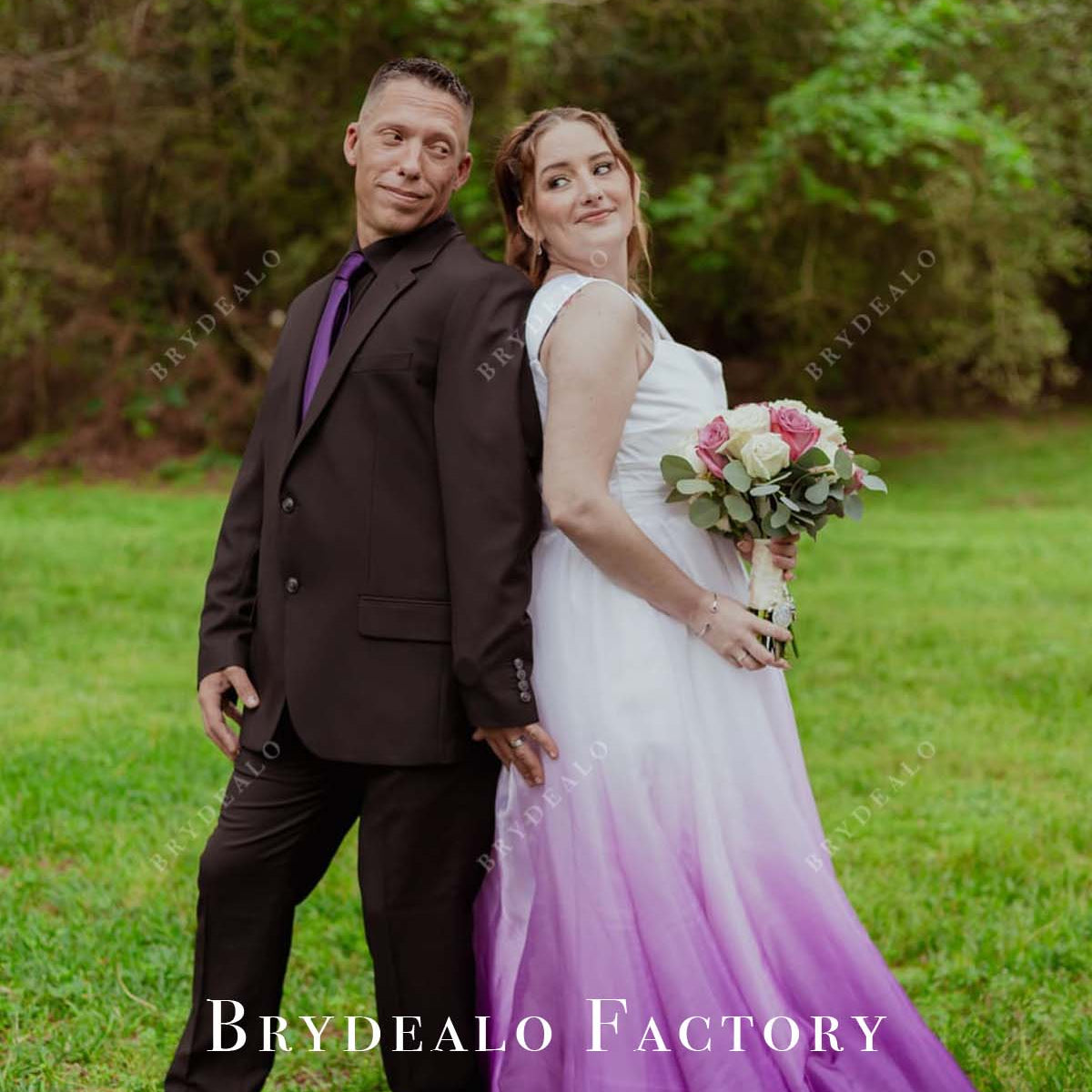 Custom Wide Strap White to Purple Floor Length Wedding Dress
