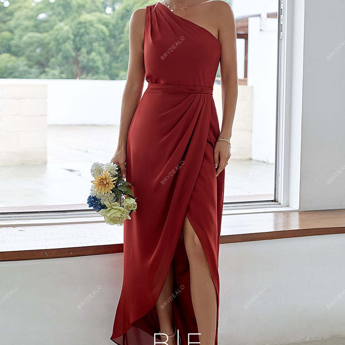 Red Chiffon One Shoulder Sexy Slit A-Line Bridesmaid Prom Dress