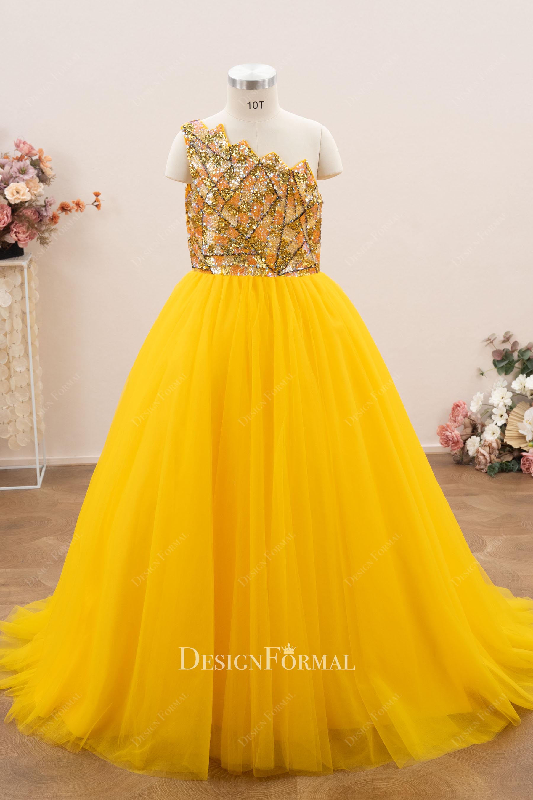 one shoulder gold tulle pageant gown