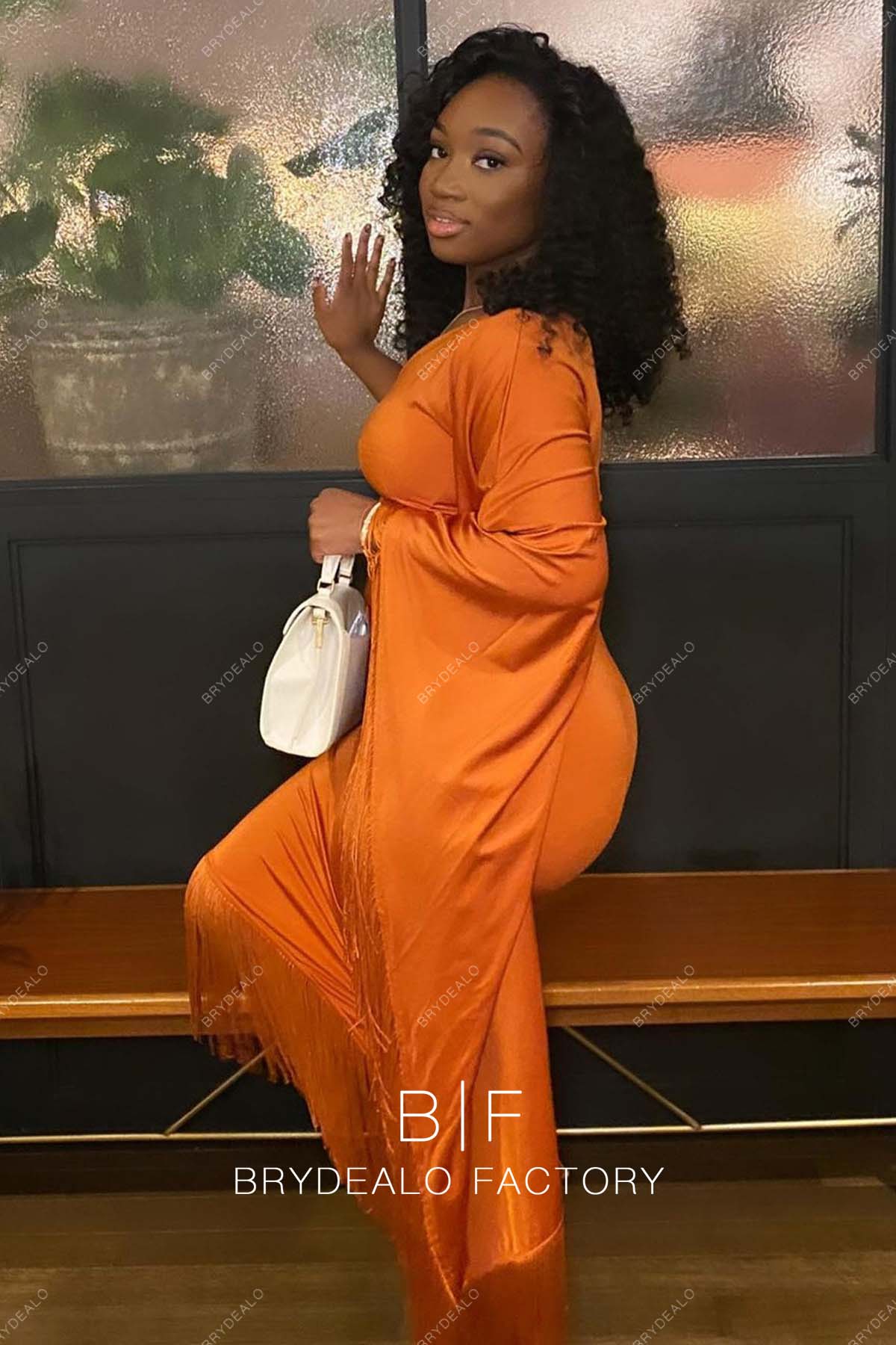 one shoulder orange elastic long sleeve informal dress
