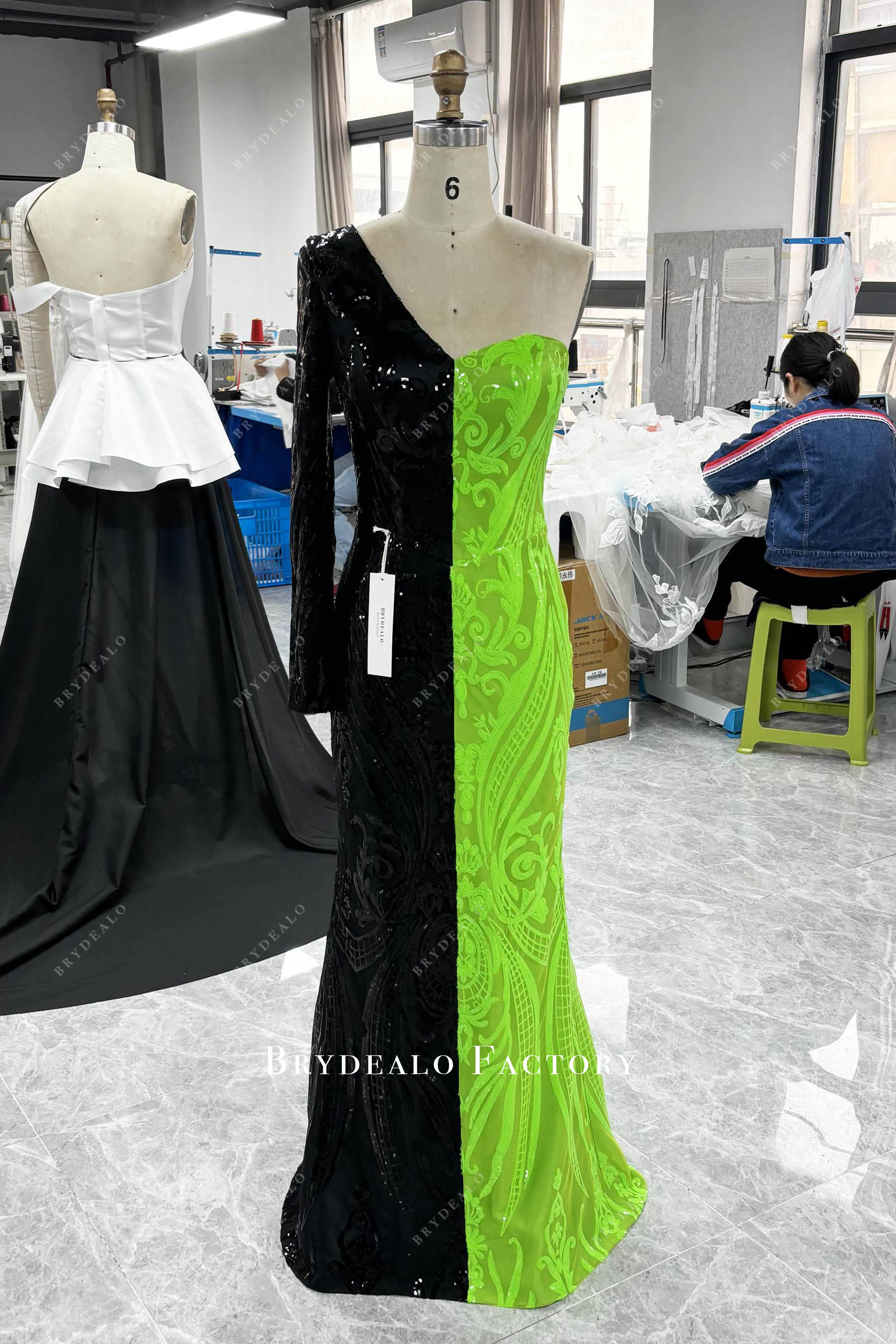 one sleeve black custom green sequin prom dress