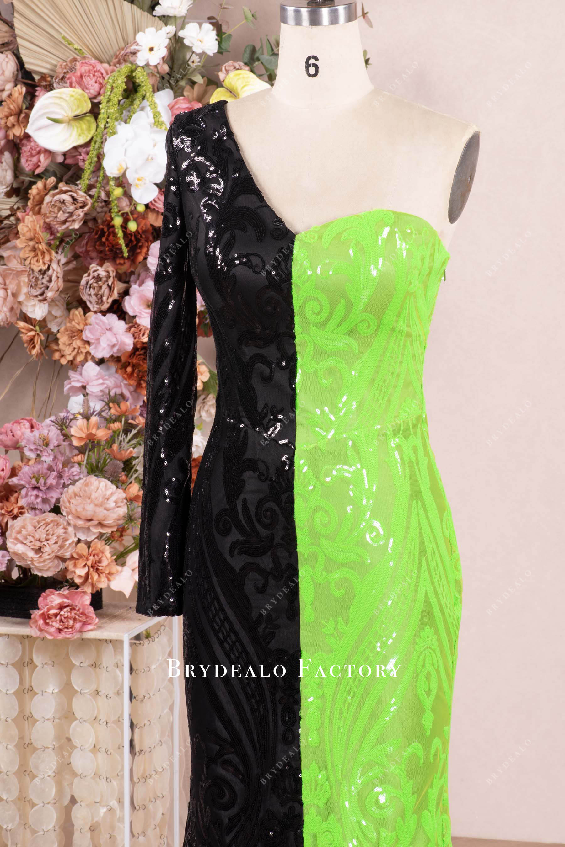 one sleeve black sequin prom dress