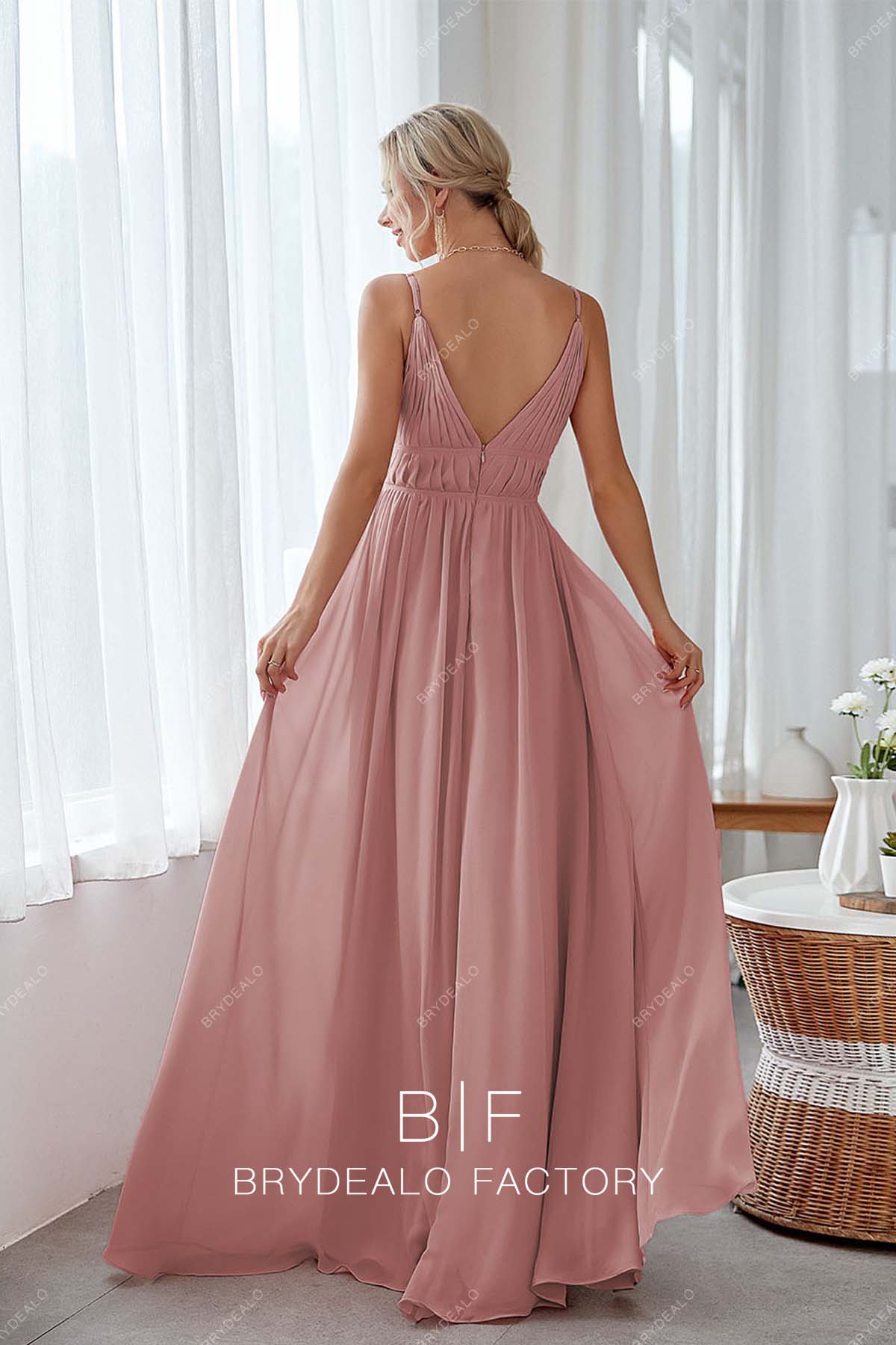 open V-back long A-line chiffon bridesmaid dress