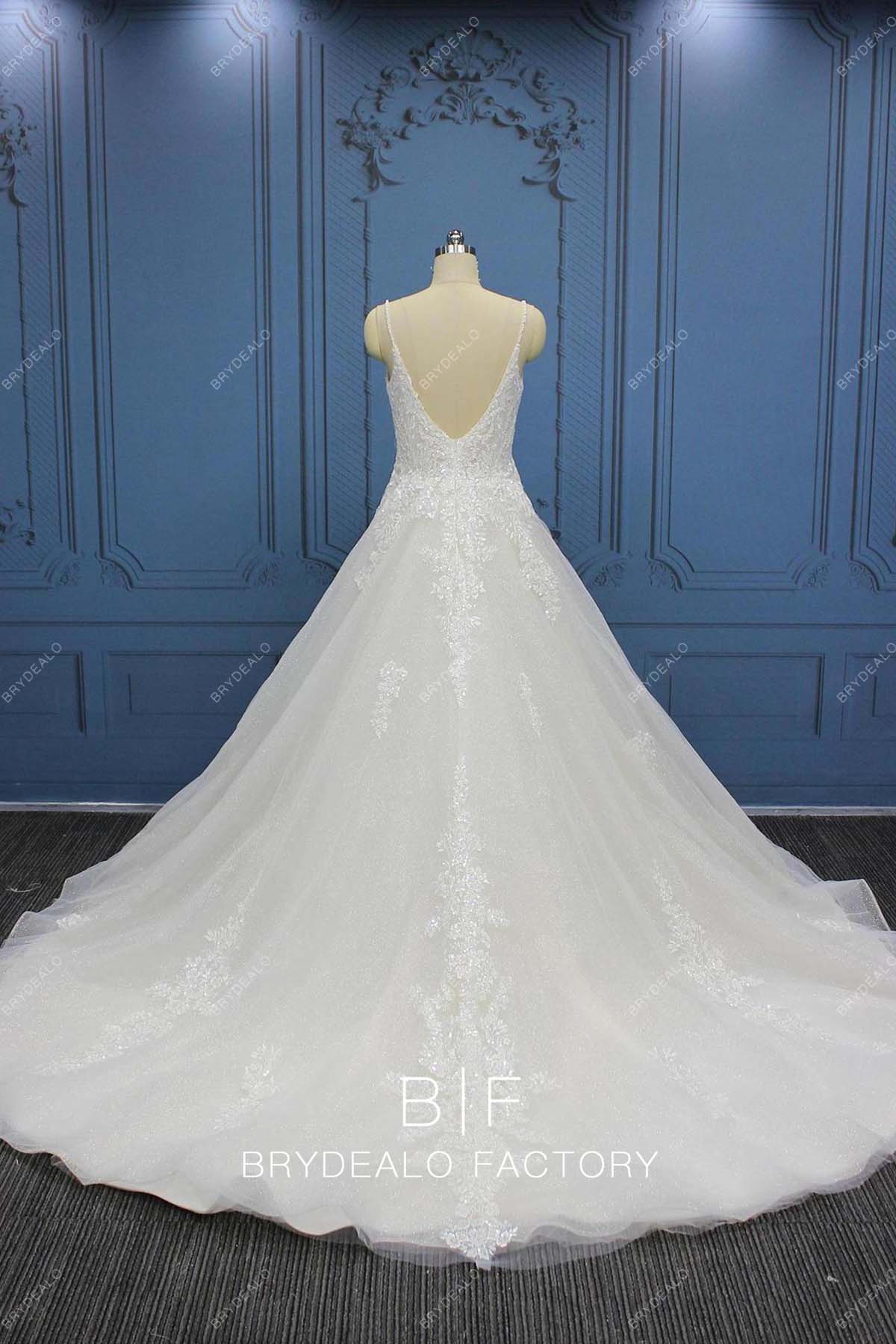 open V-back long train bridal dress