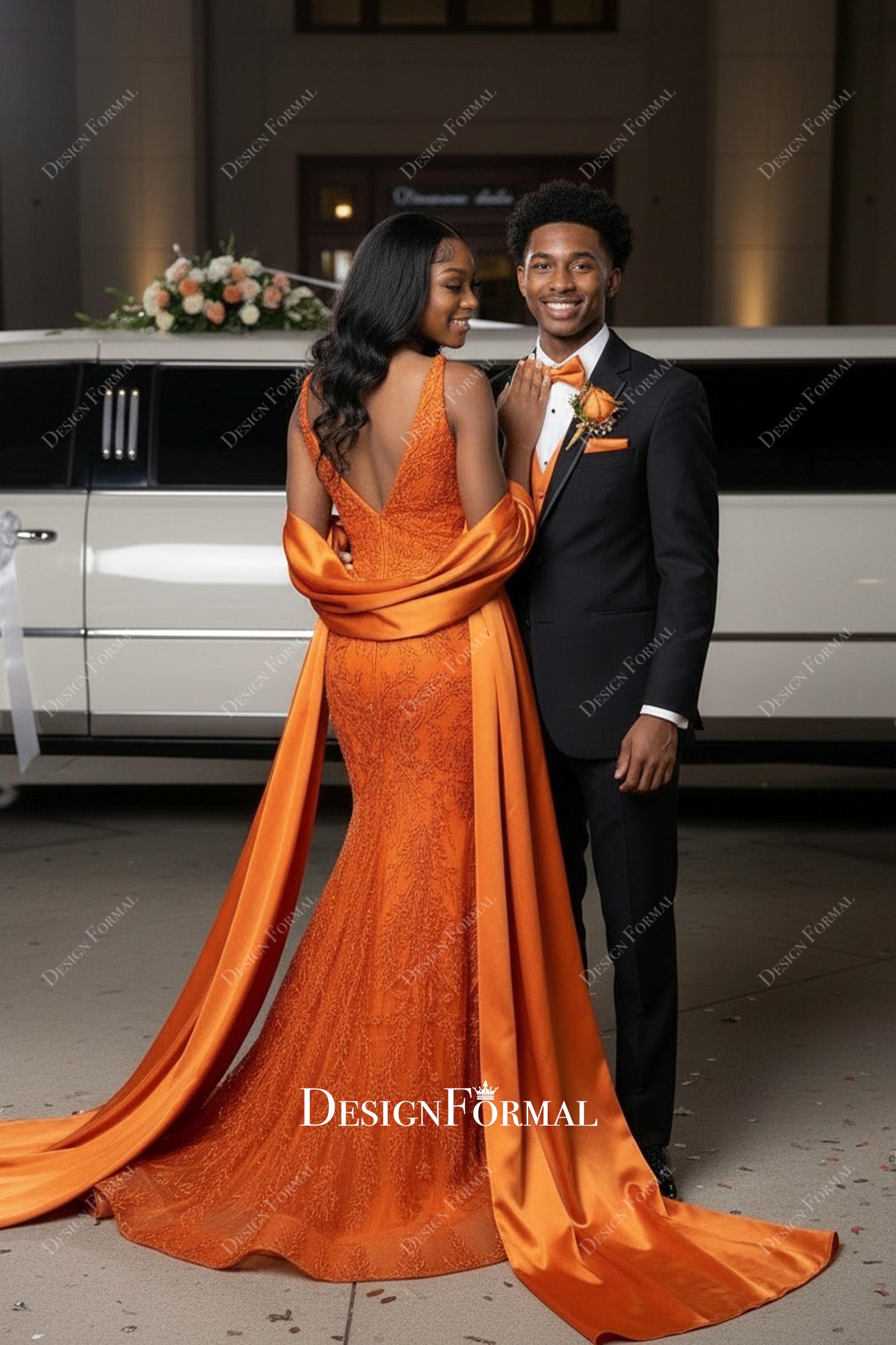 open V-back sleeveless lace orange prom dress scarf
