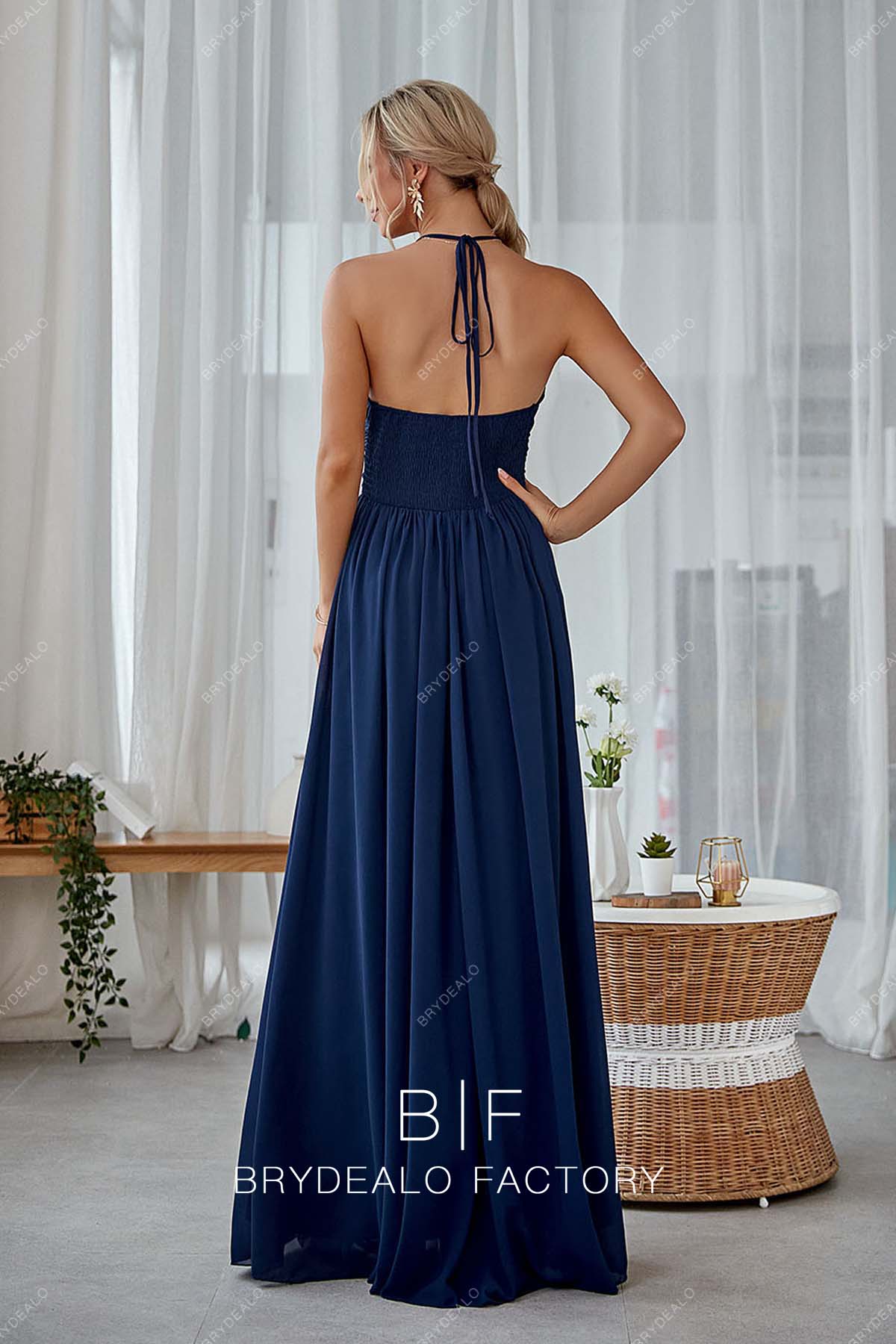 open back A-line floor length bridesmaid gown
