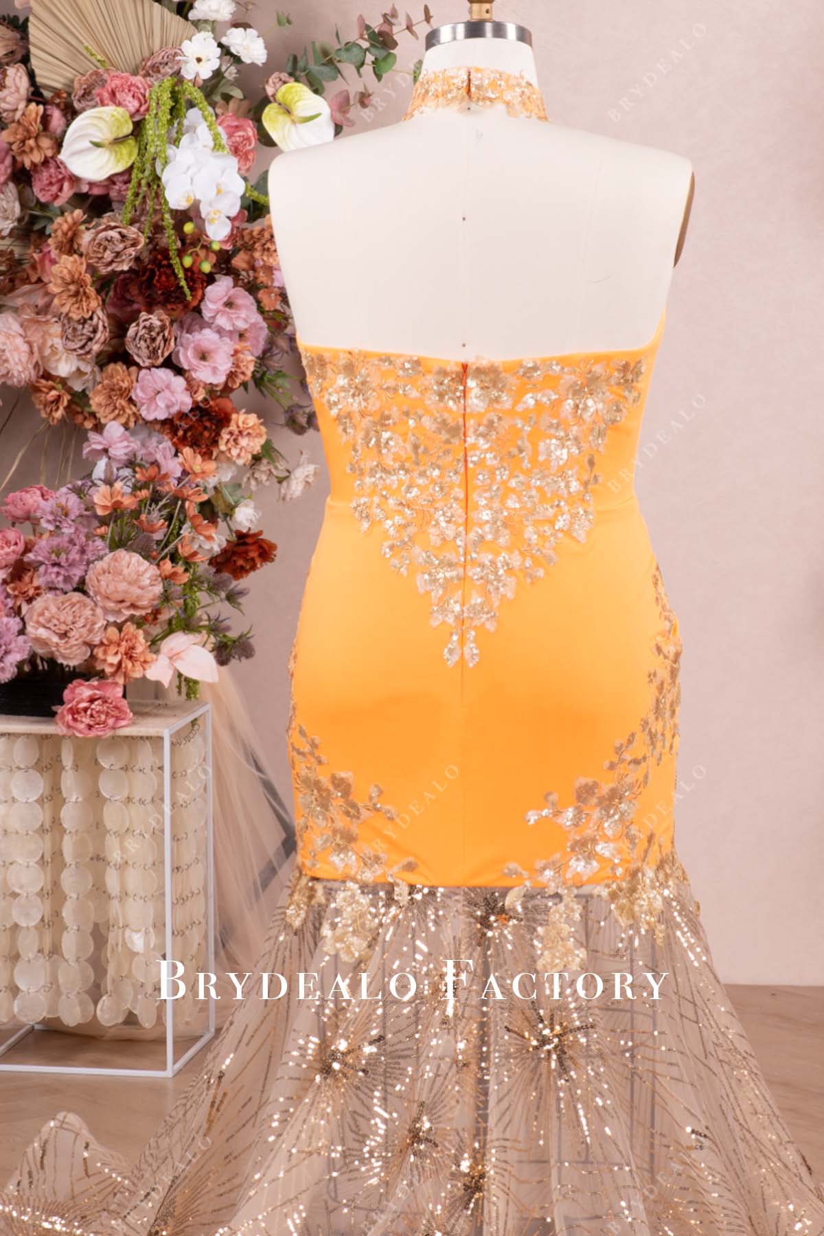 open back orange jersey gold sparkly formal dress