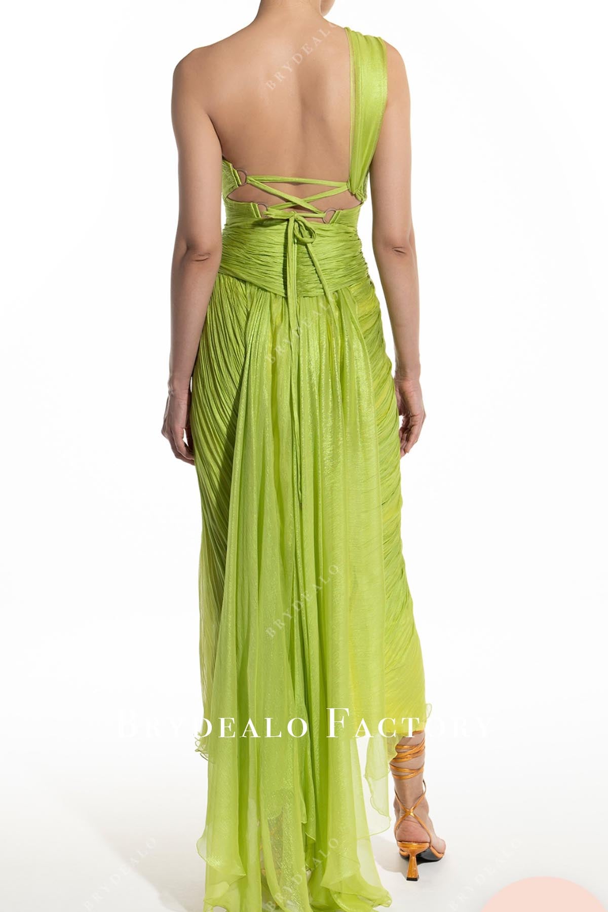 open back tea length lime green formal gown
