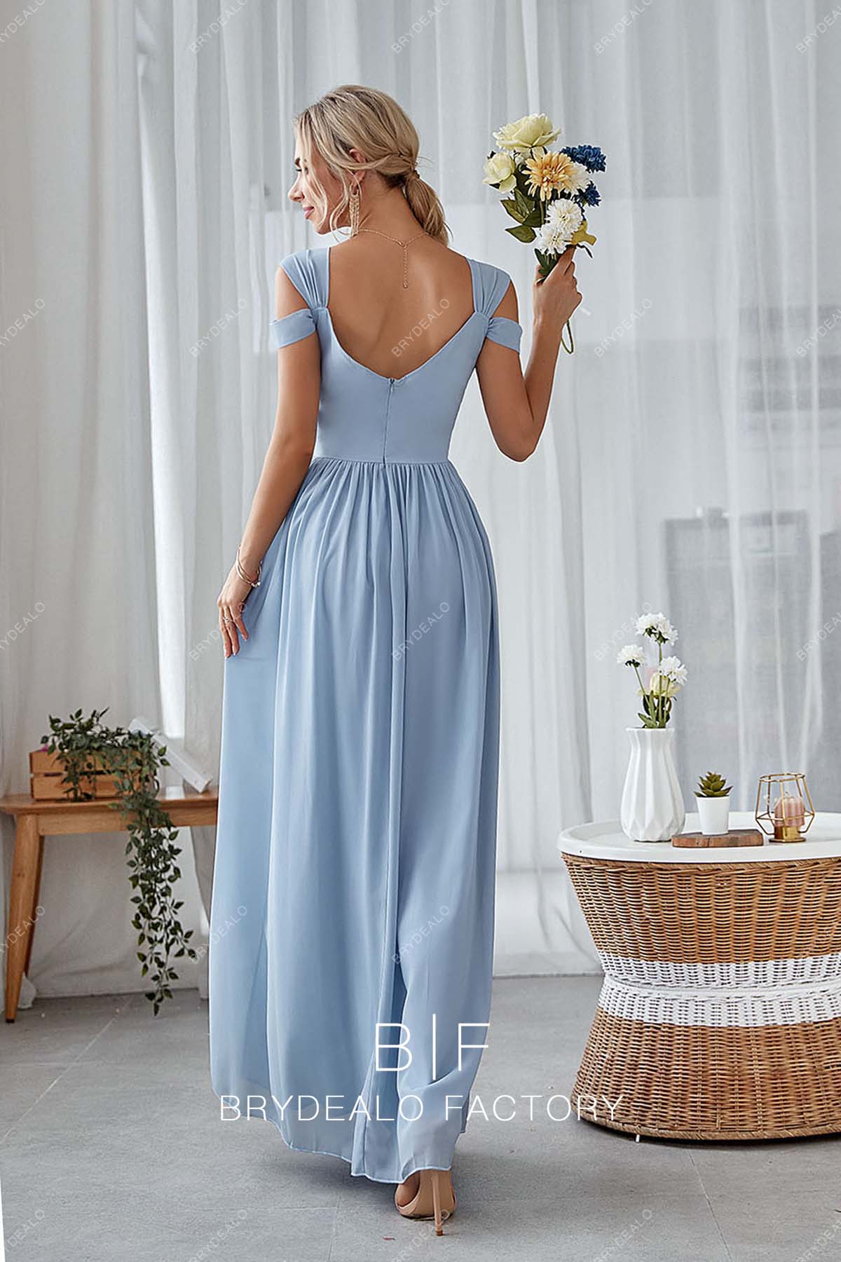 Dusty Blue Chiffon Cold Shoulder Long A-line Bridesmaid Prom Dress