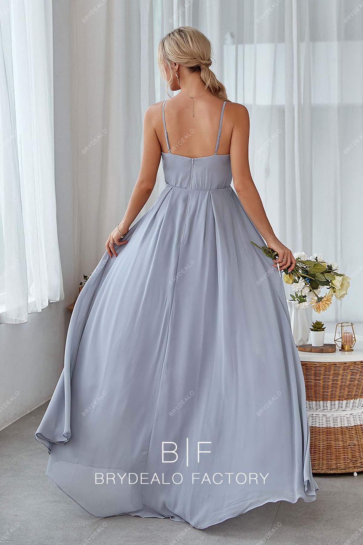 open back floor length chiffon bridesmaid dress