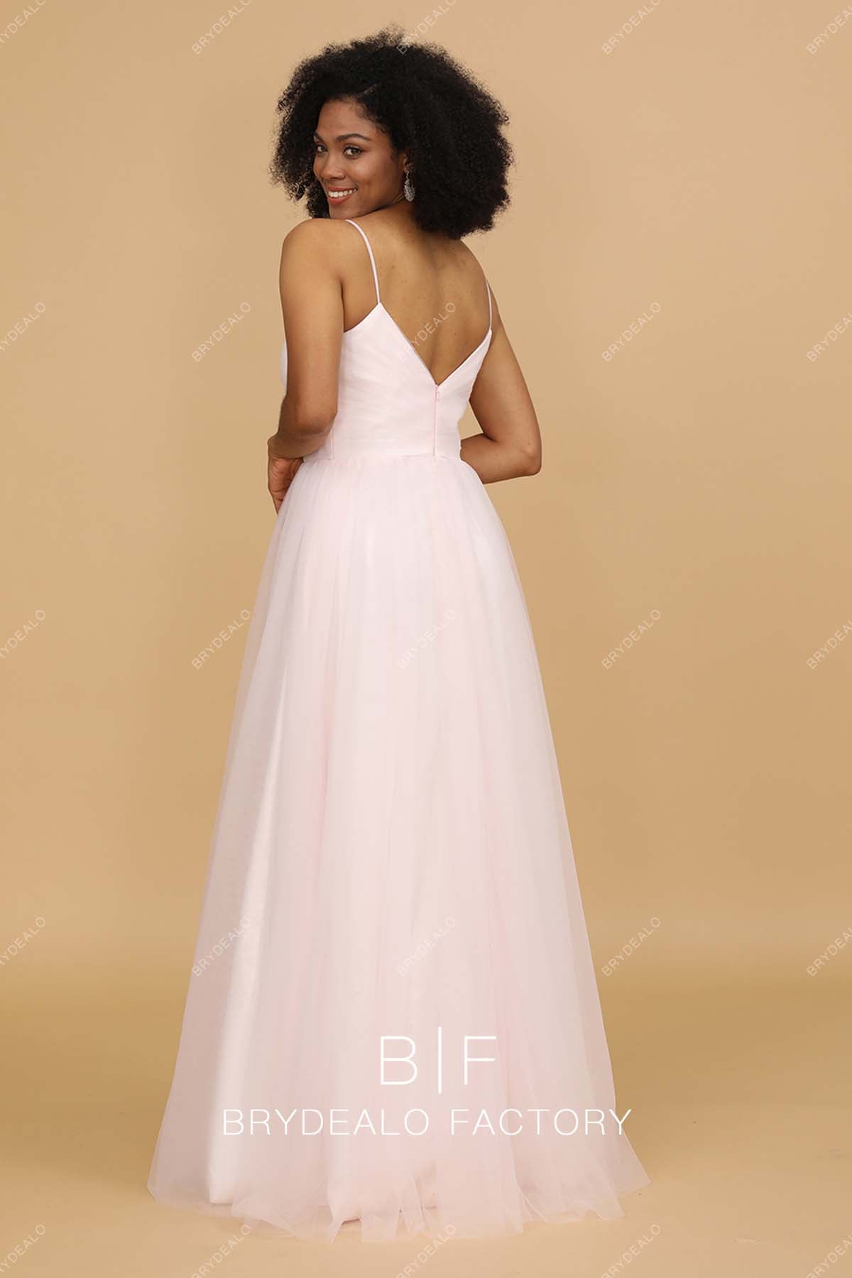 open back blushing pink floor length bridesmaid gown